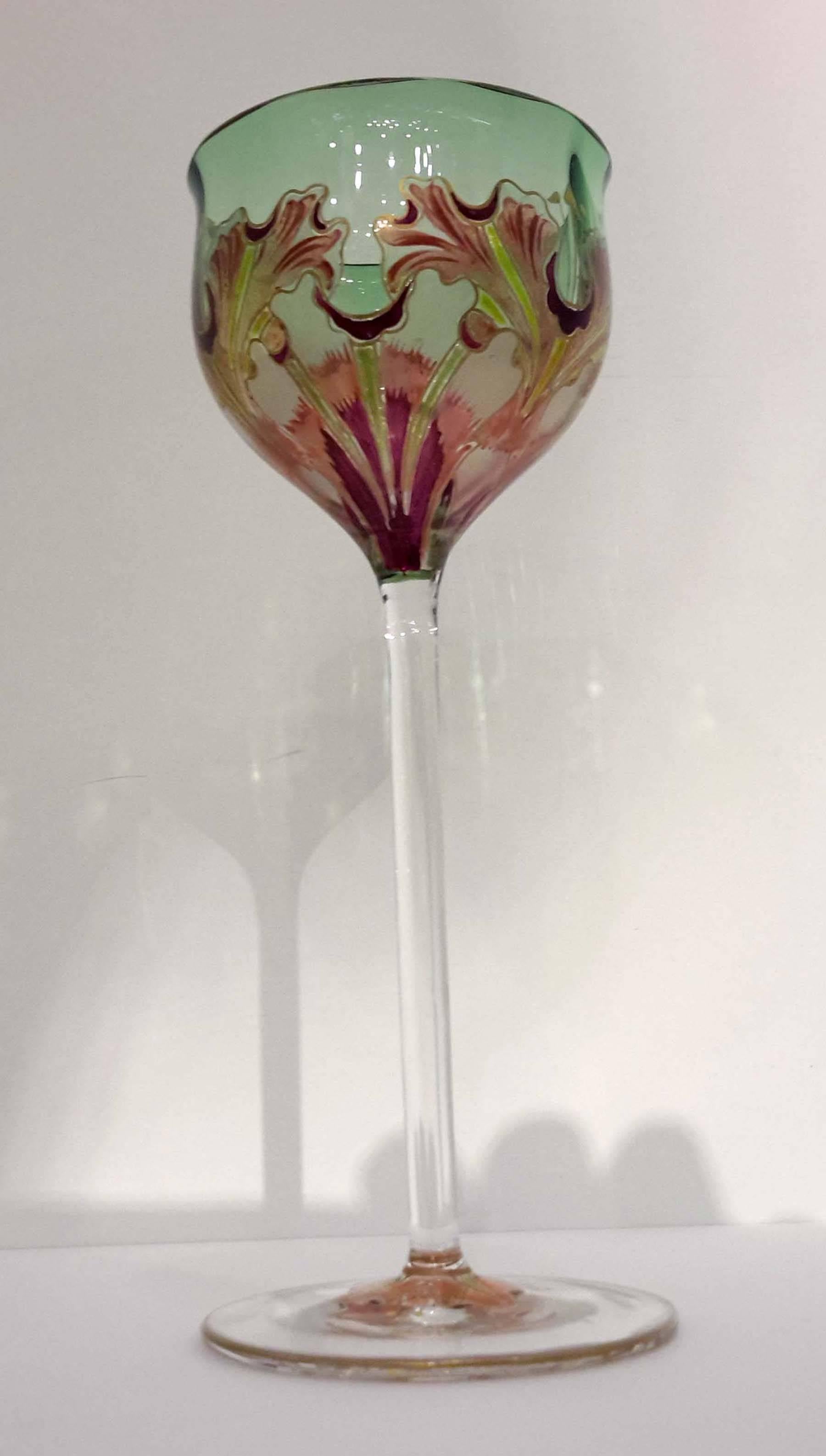 Wonderfully executed Austrian glass wine goblet by Meyr's Neffe, circa 1900.