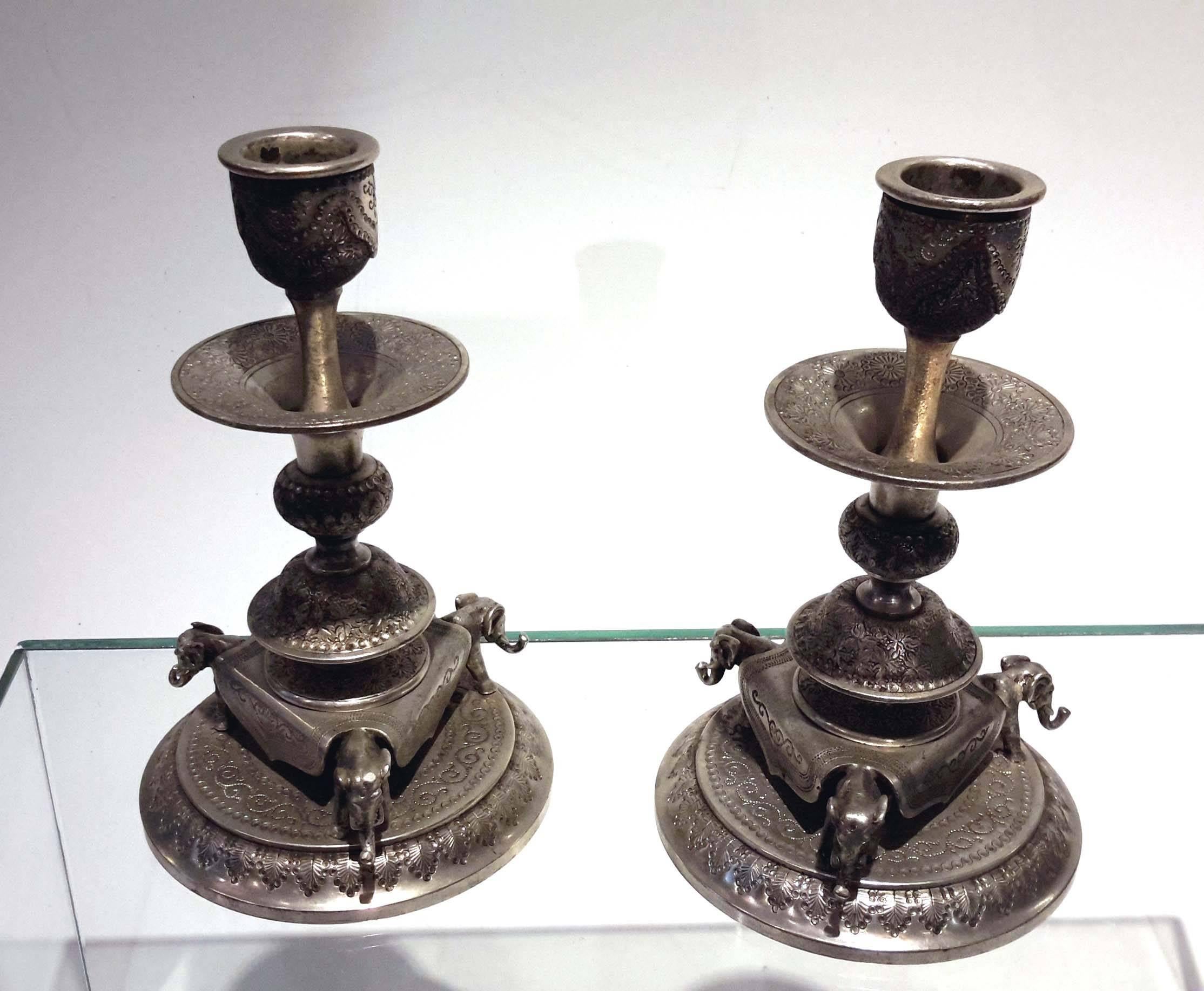 Aesthetic Movement Rare 19th Century Austrian Silvered Bronze Inkwell and Candlestick Set