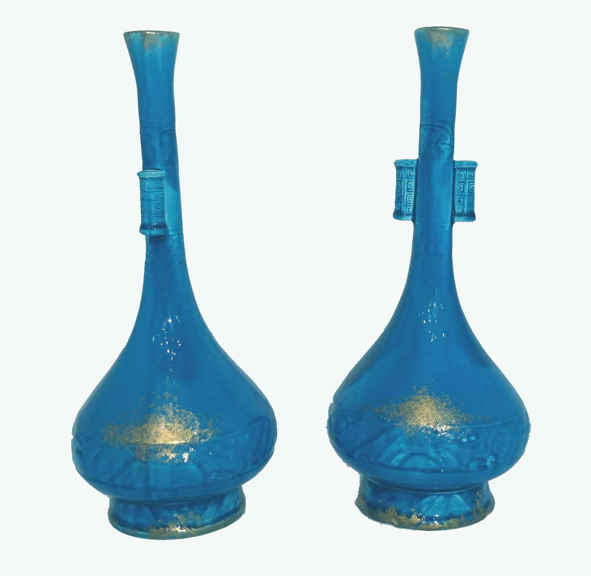 Theodore Deck Attributed Pair of 19th Century Turquoise Chinoiserie Arrow Vases 1
