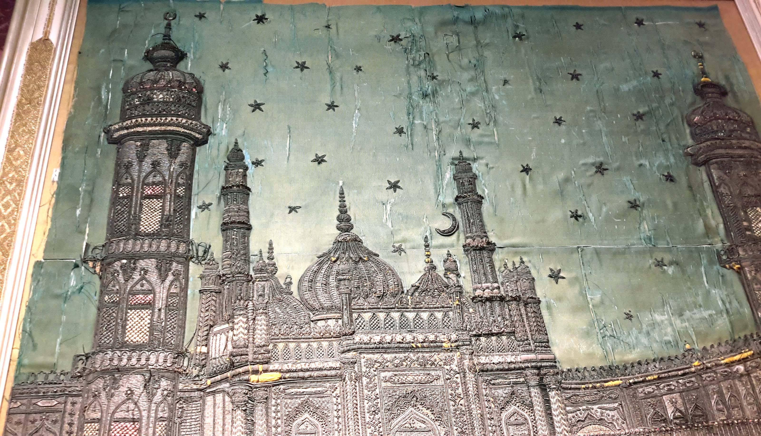 Superb Turkish Silver Embroidered Textile of Islamic Mosque In Fair Condition In New York, NY
