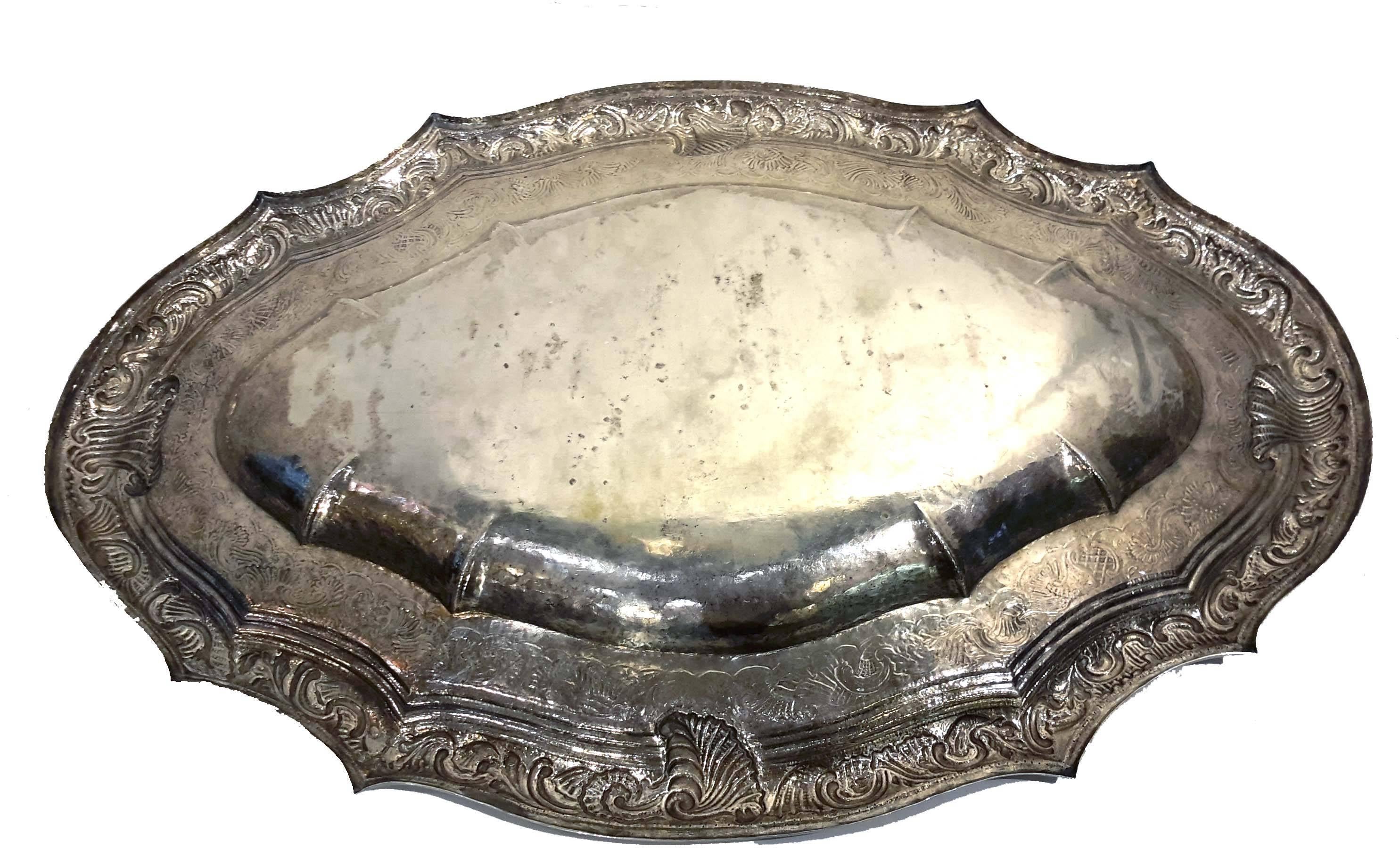 Peruvian Spanish Colonial Sterling Silver Oval Platter, 18-19th Century