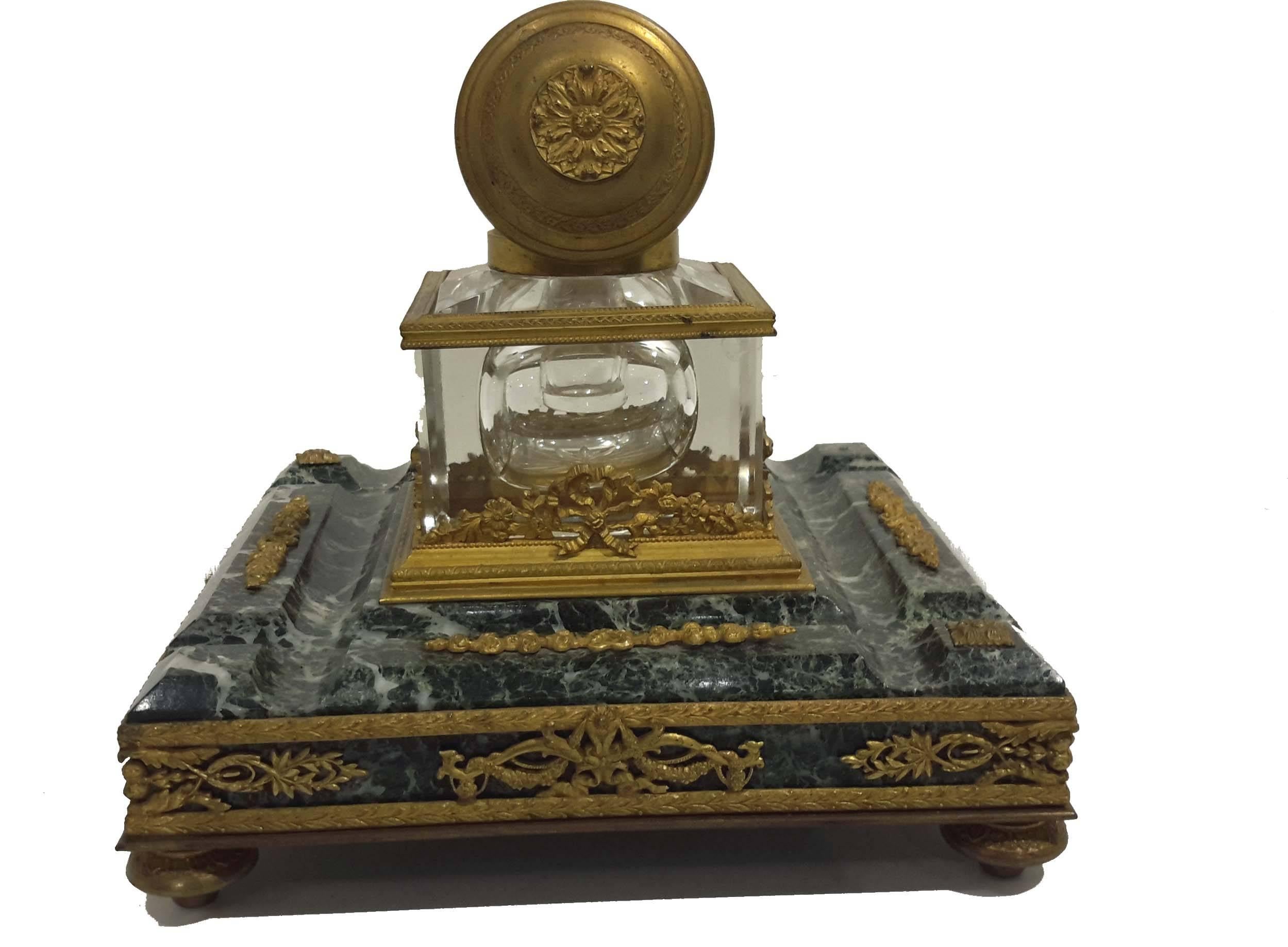 Louis XVI Napoleonic Marble, Gilt Bronze and Crystal Inkwell, 19th Century For Sale