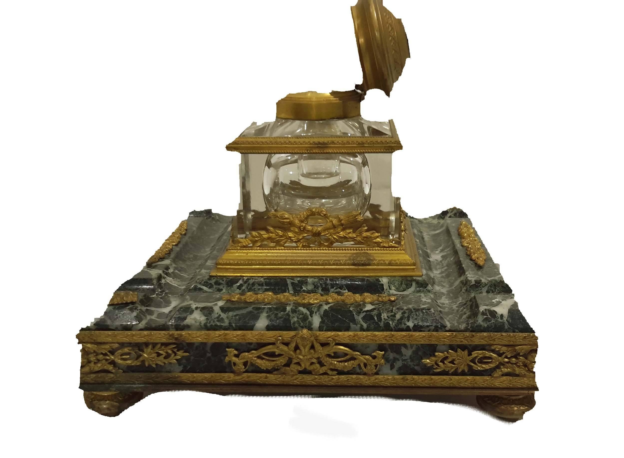 French Napoleonic Marble, Gilt Bronze and Crystal Inkwell, 19th Century For Sale