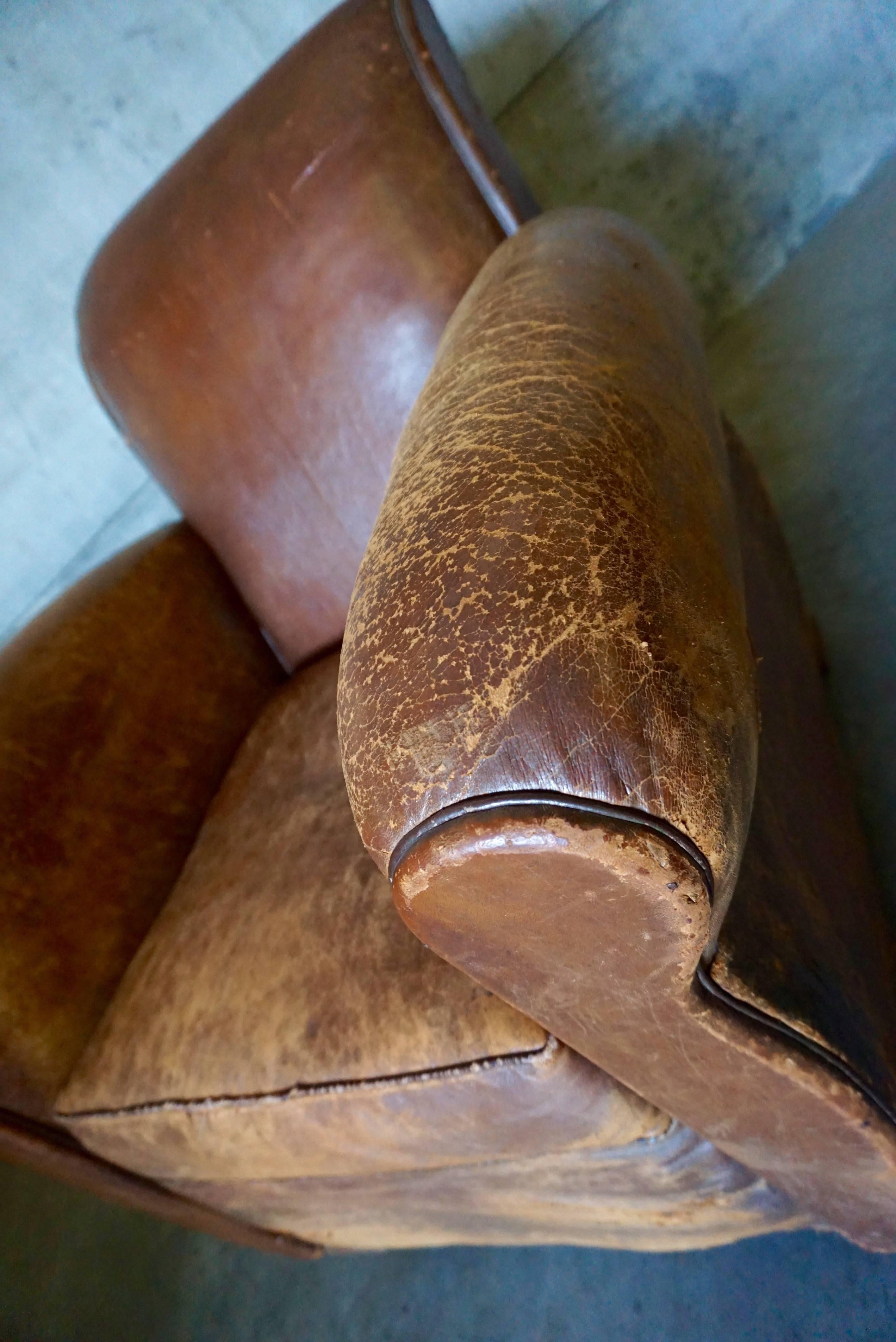 Industrial Distressed Art Deco French Cognac Leather Club Chair, 1930s