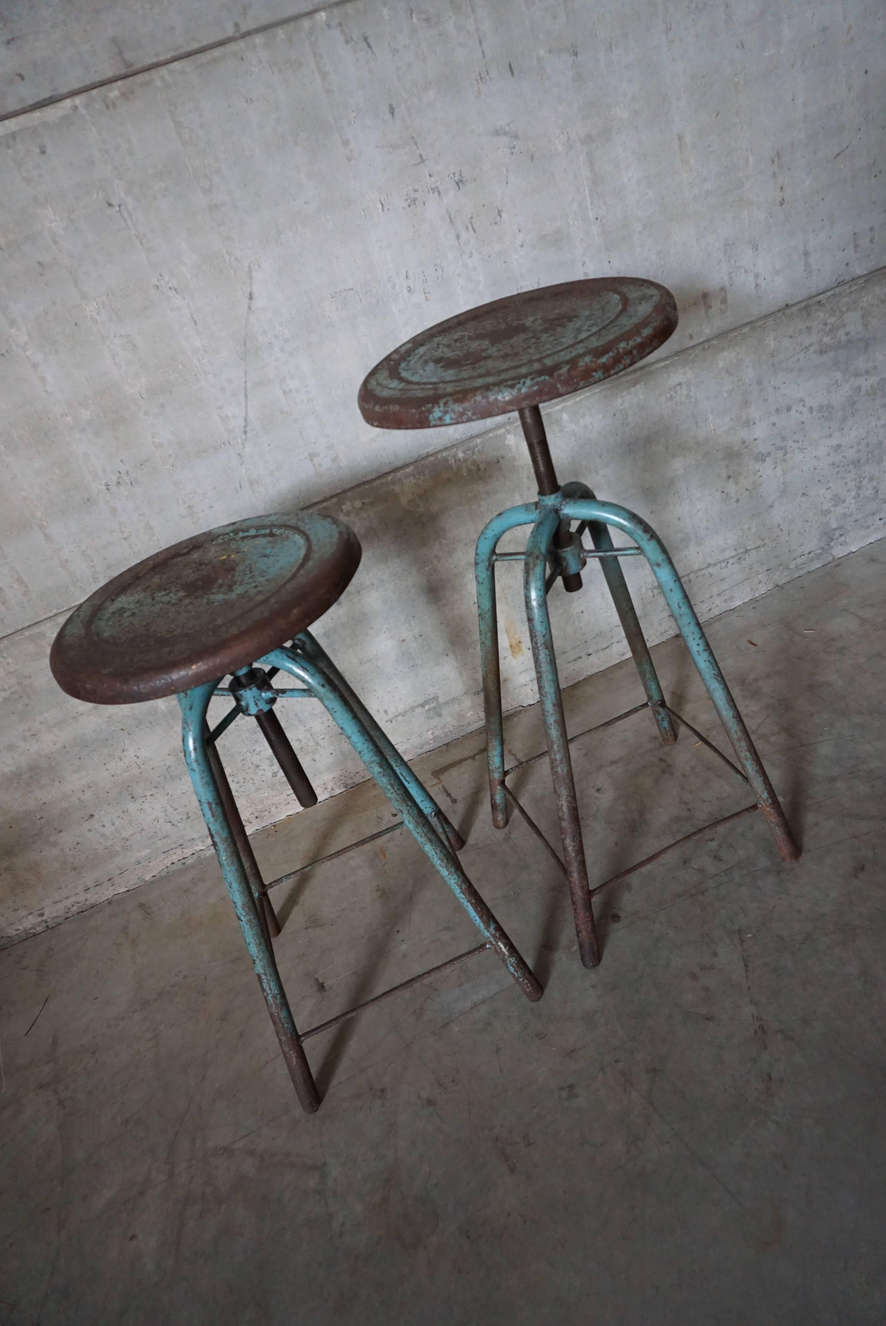 20th Century Pair of French Vintage Industrial Adjustable Stools