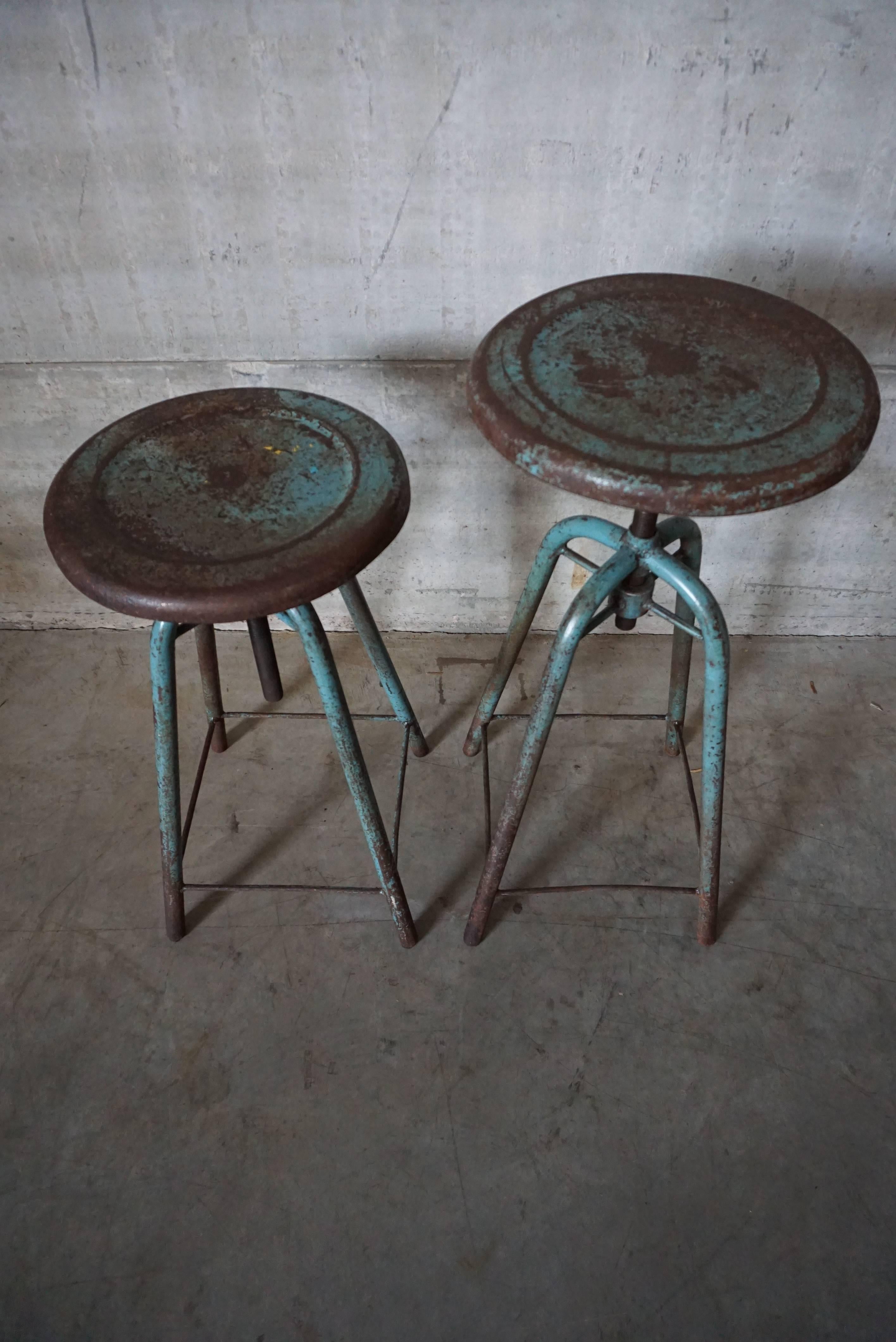 Pair of French Vintage Industrial Adjustable Stools 1