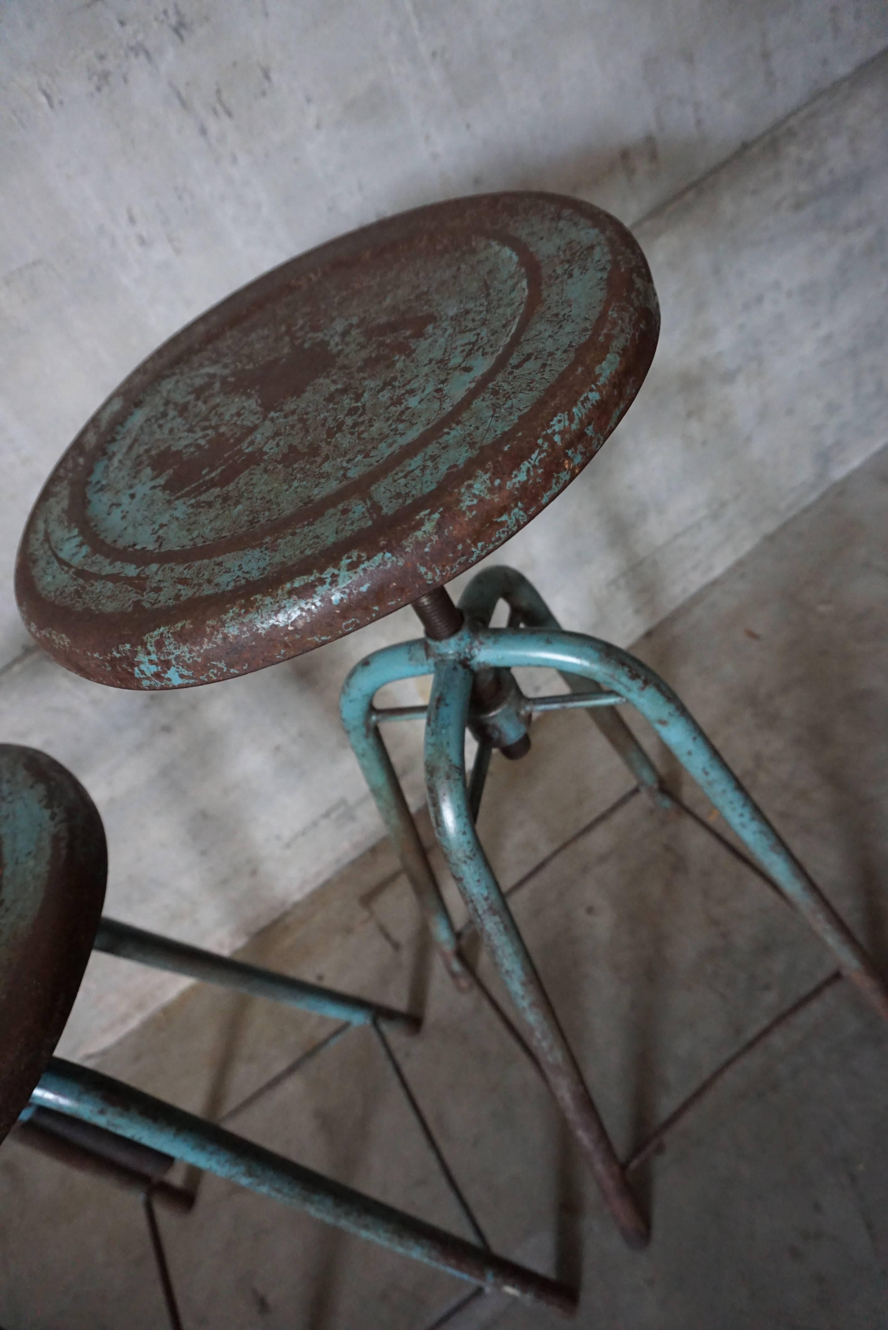 Pair of French Vintage Industrial Adjustable Stools 3