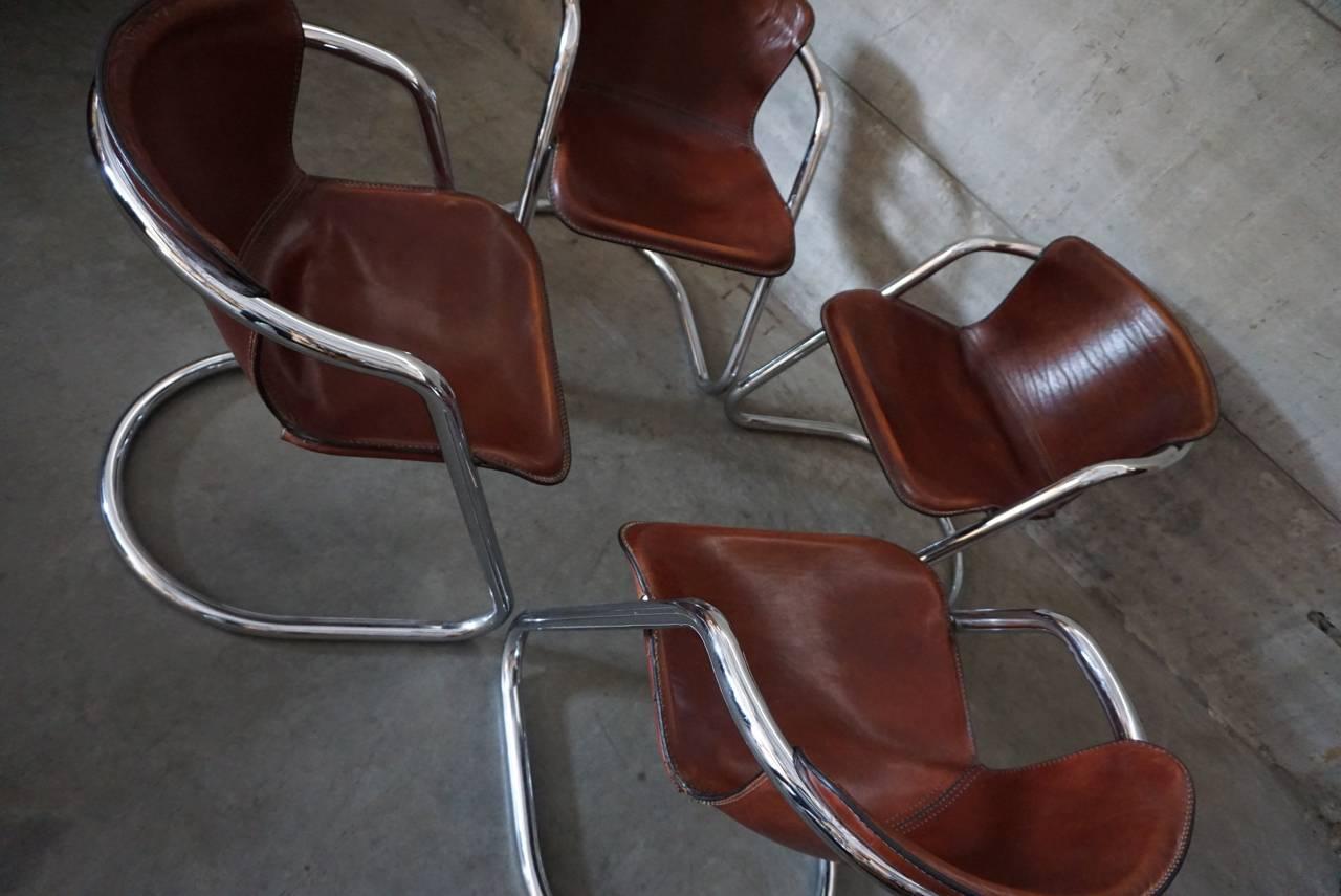 Mid-Century Modern Set of Four Cognac Leather Dining Chairs, Willy Rizzo, 1970s
