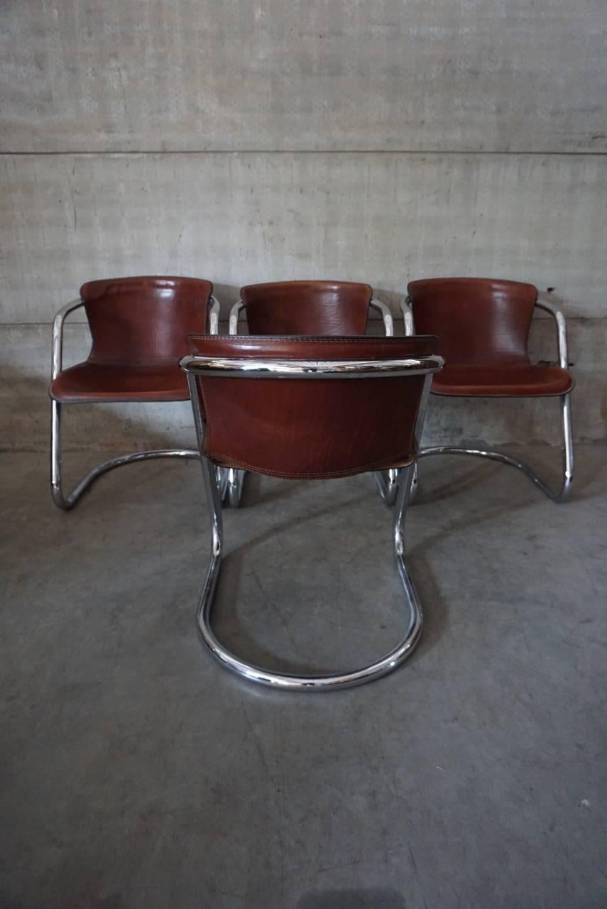 Set of Four Cognac Leather Dining Chairs, Willy Rizzo, 1970s 3