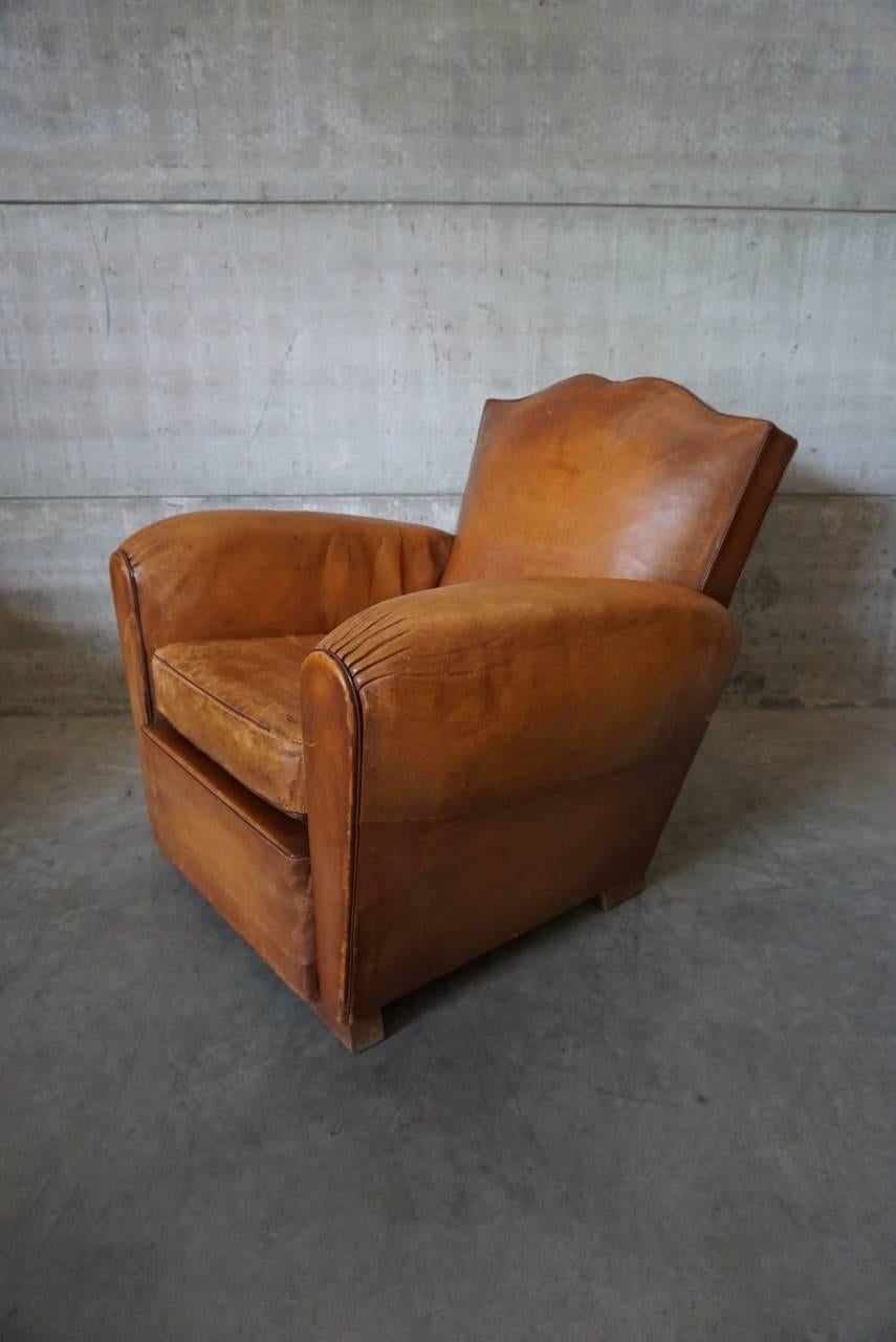 Industrial Art Deco French Cognac Leather Club Chair, 1940s