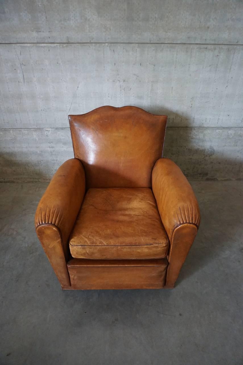 Art Deco French Cognac Leather Club Chair, 1940s In Good Condition In Nijmegen, NL