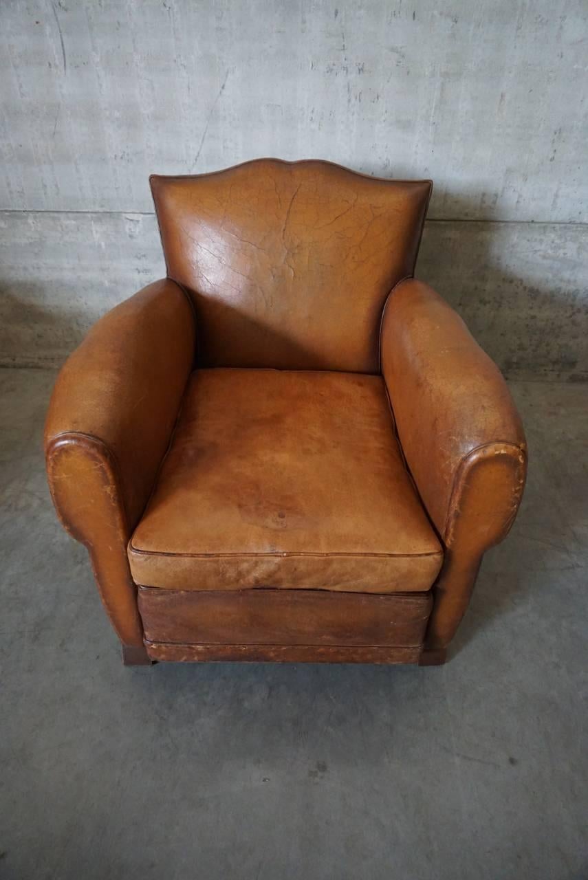 Industrial Art Deco French Cognac Leather Club Chair, 1940s