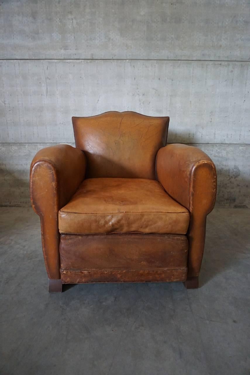 Art Deco French Cognac Leather Club Chair, 1940s In Good Condition In Nijmegen, NL