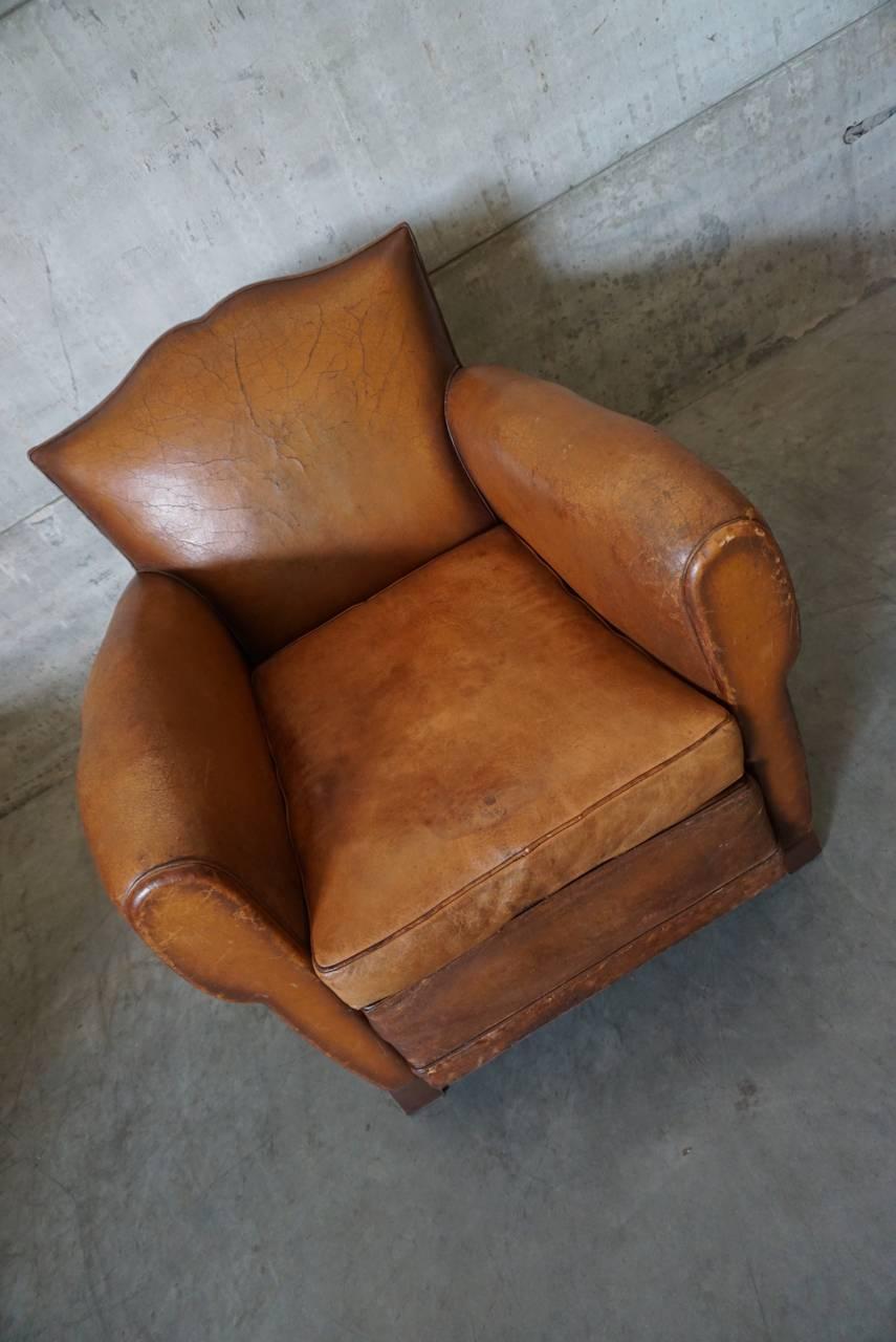 20th Century Art Deco French Cognac Leather Club Chair, 1940s