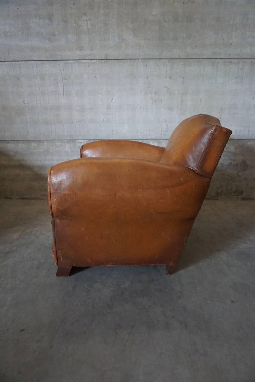 Art Deco French Cognac Leather Club Chair, 1940s 1