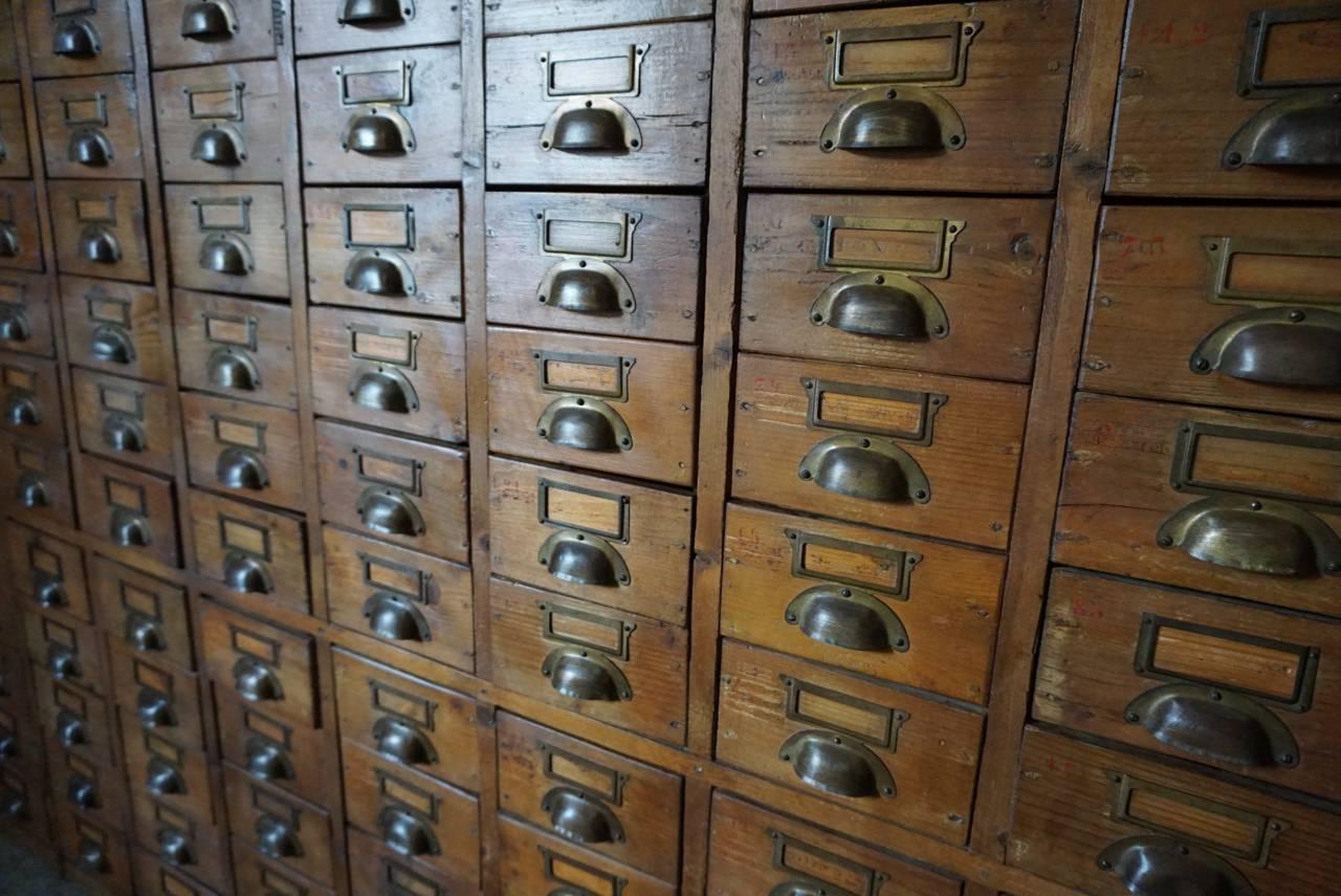 Industrial Vintage French Large Pine Apothecary Bank of Drawers