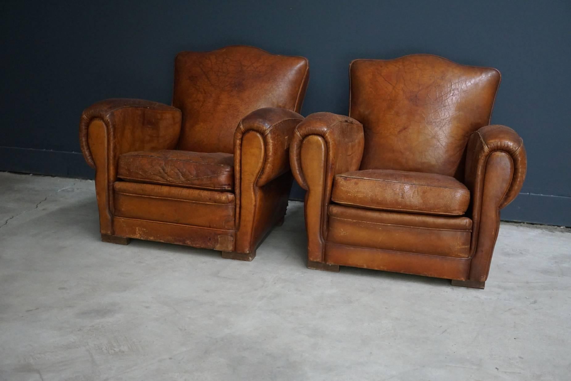 Industrial Pair of French Cognac Leather Club Chairs, 1940s