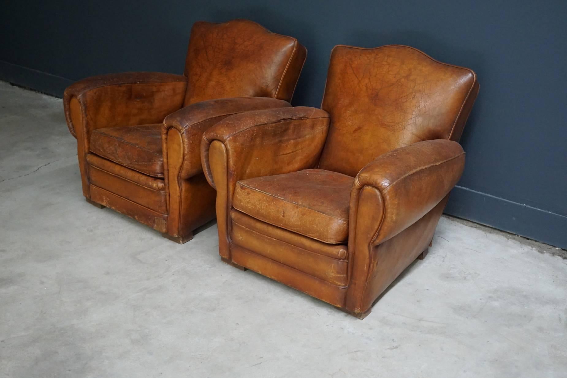 Pair of French Cognac Leather Club Chairs, 1940s In Fair Condition In Nijmegen, NL