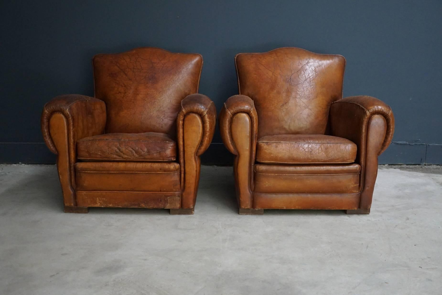 Mid-20th Century Pair of French Cognac Leather Club Chairs, 1940s