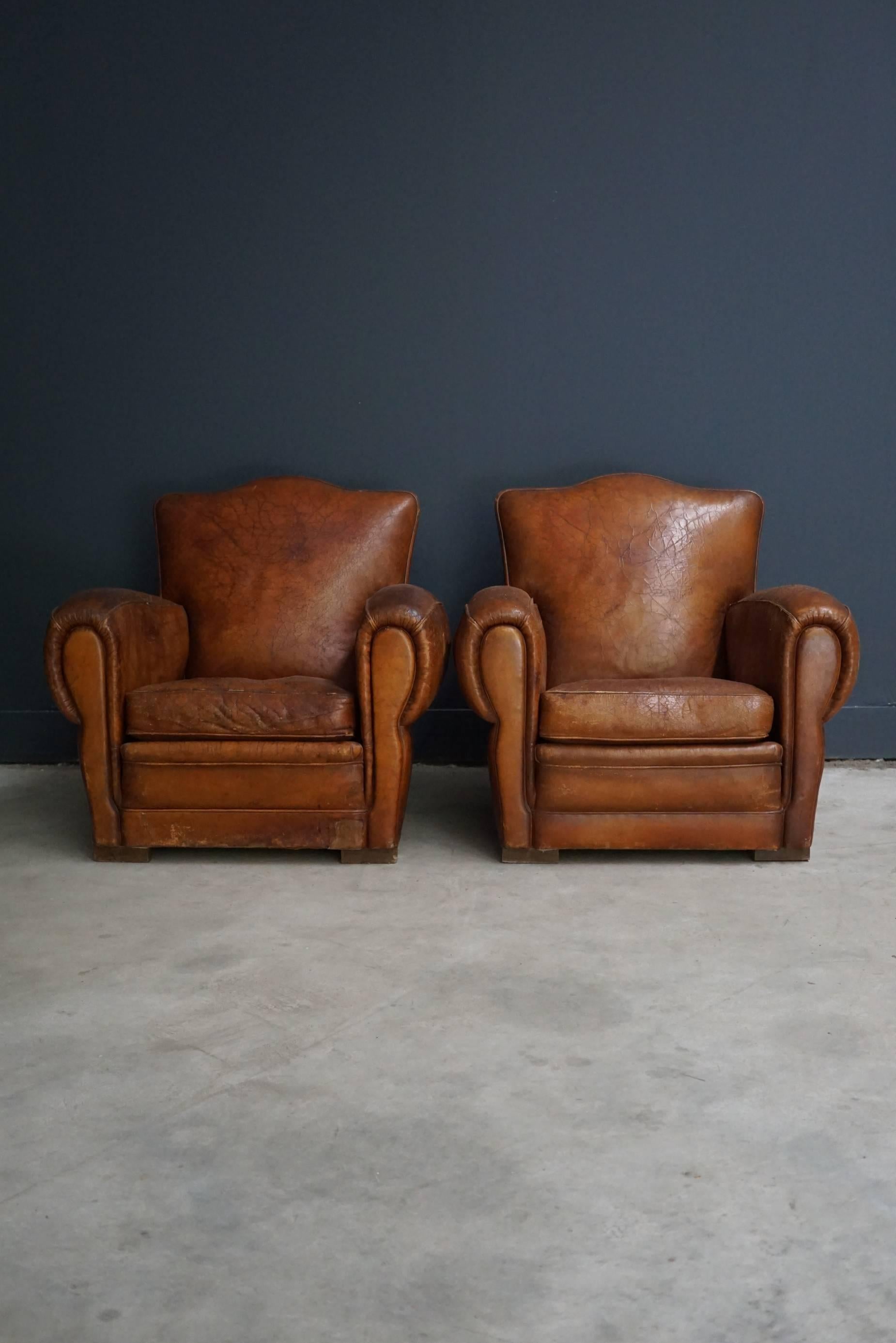 Pair of French Cognac Leather Club Chairs, 1940s 3