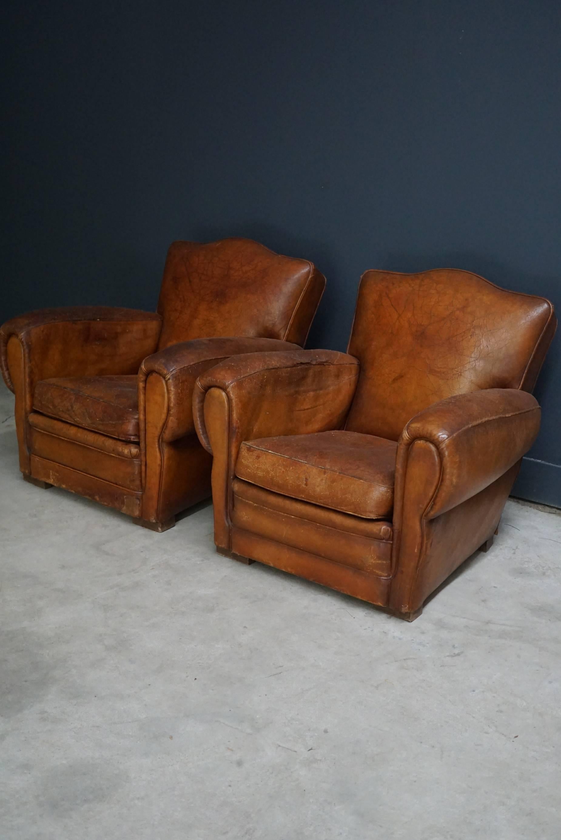 Pair of French Cognac Leather Club Chairs, 1940s 4