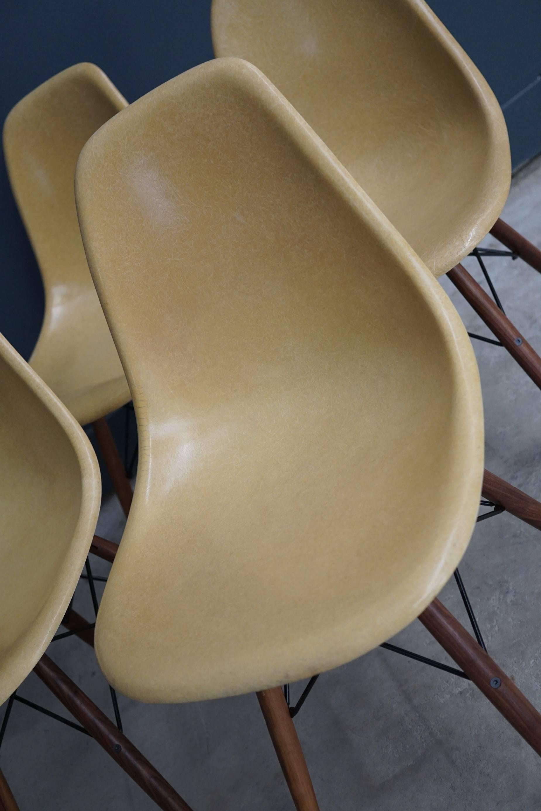Fiberglass Ochre DSW Chairs by Charles and Ray Eames, 1950s, Set of Four