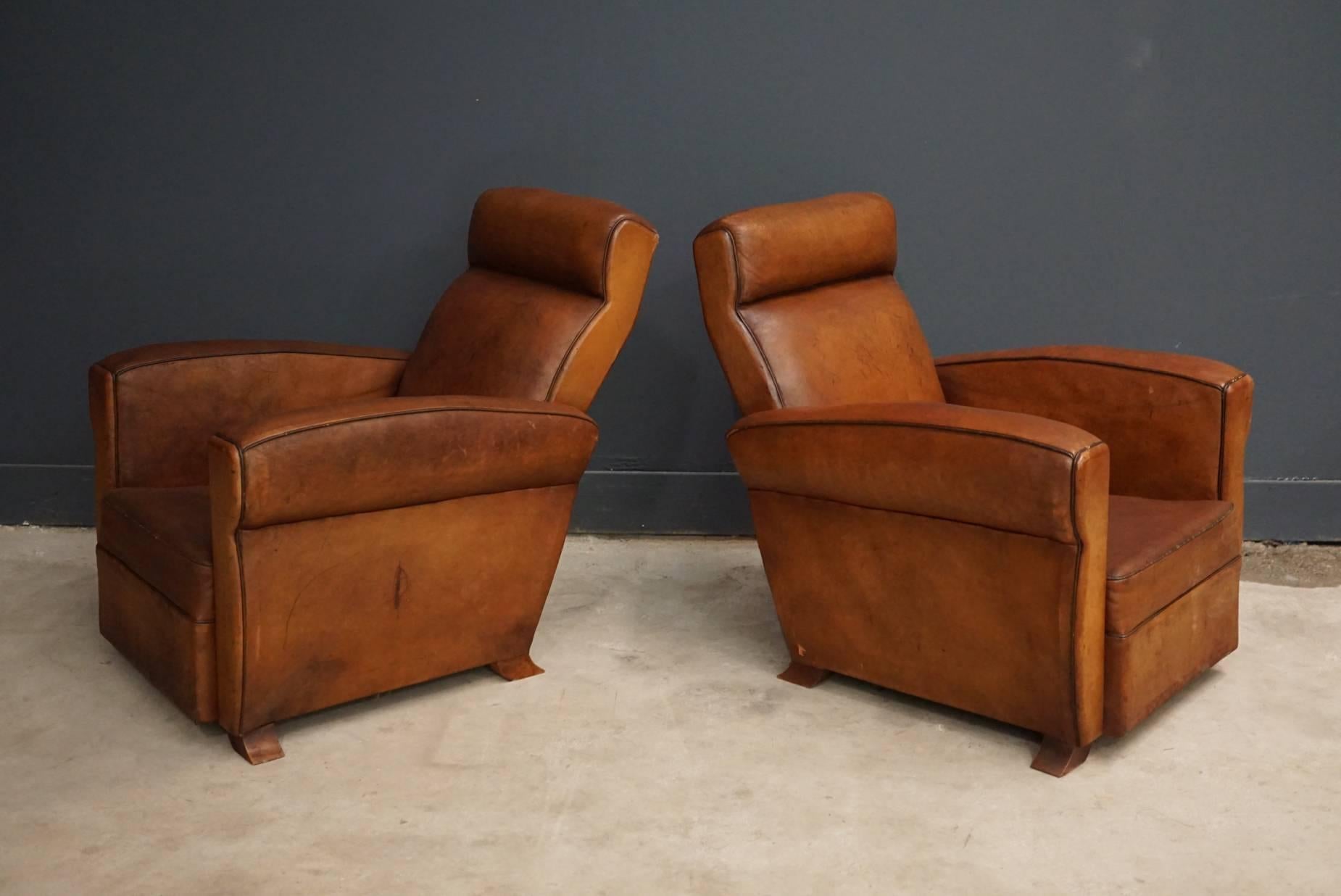 Pair of French Cognac Leather Club Chairs, 1940s In Good Condition In Nijmegen, NL