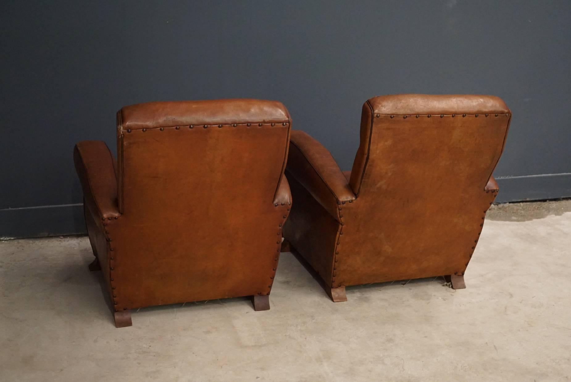 20th Century Pair of French Cognac Leather Club Chairs, 1940s