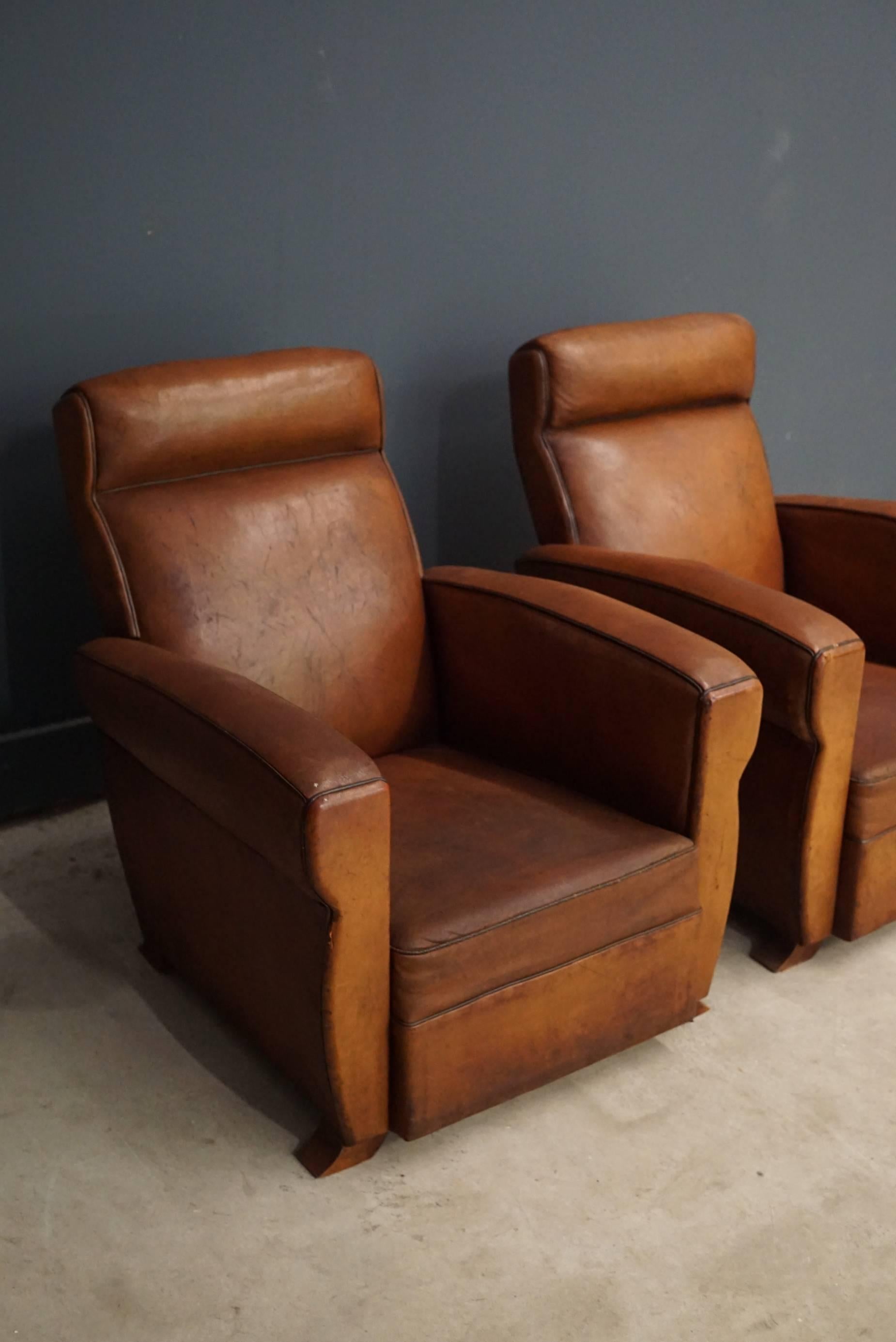Pair of French Cognac Leather Club Chairs, 1940s (20. Jahrhundert)