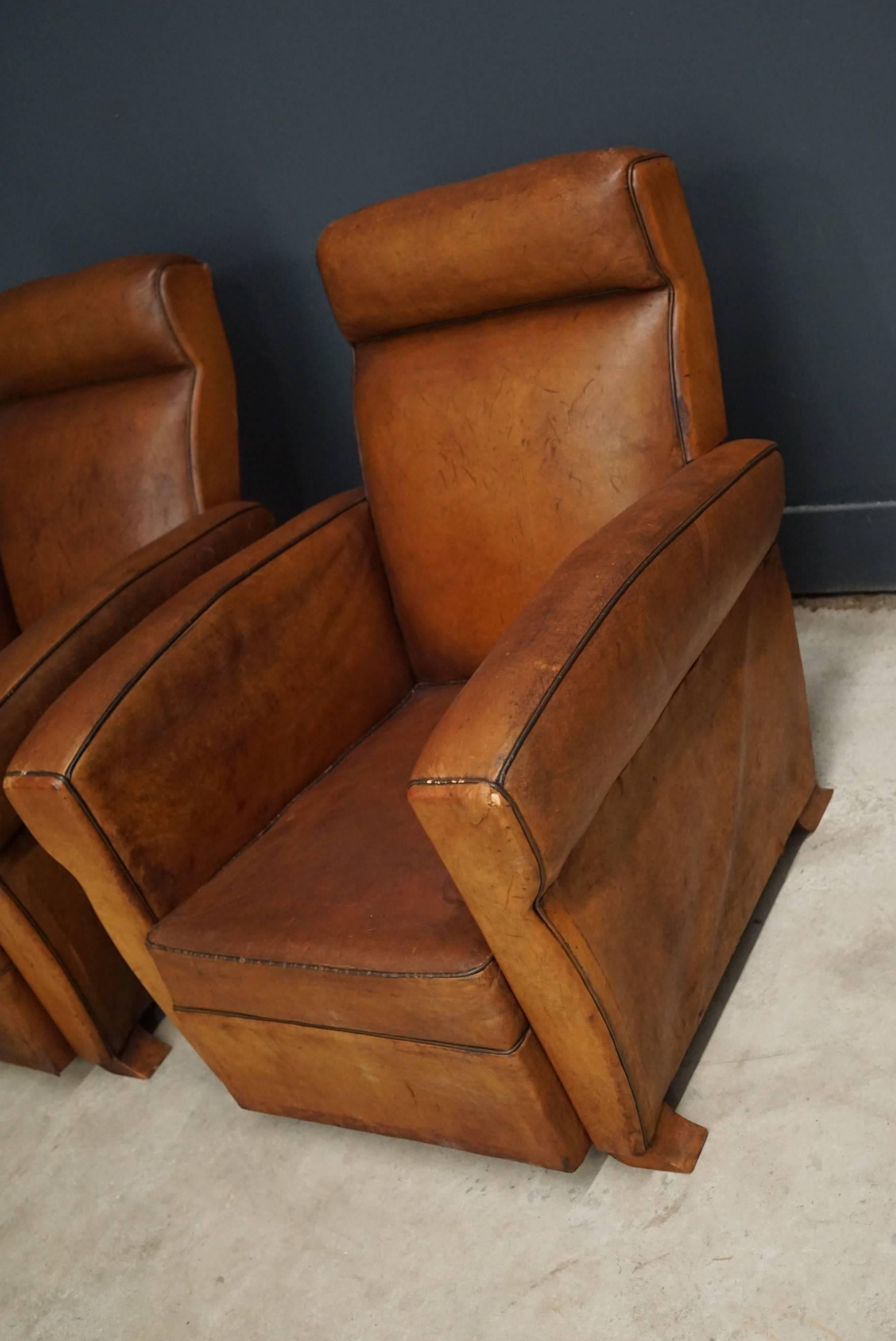 Pair of French Cognac Leather Club Chairs, 1940s 2