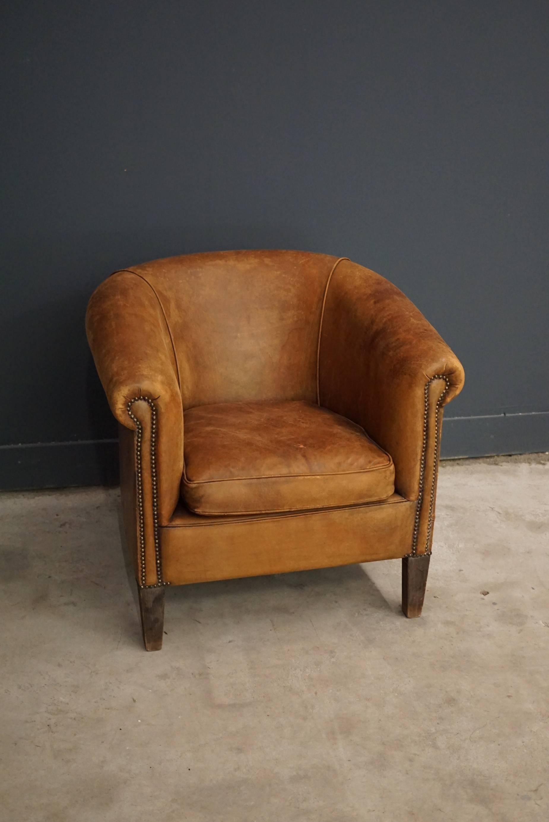 European Vintage French Cognac Leather Club Chair