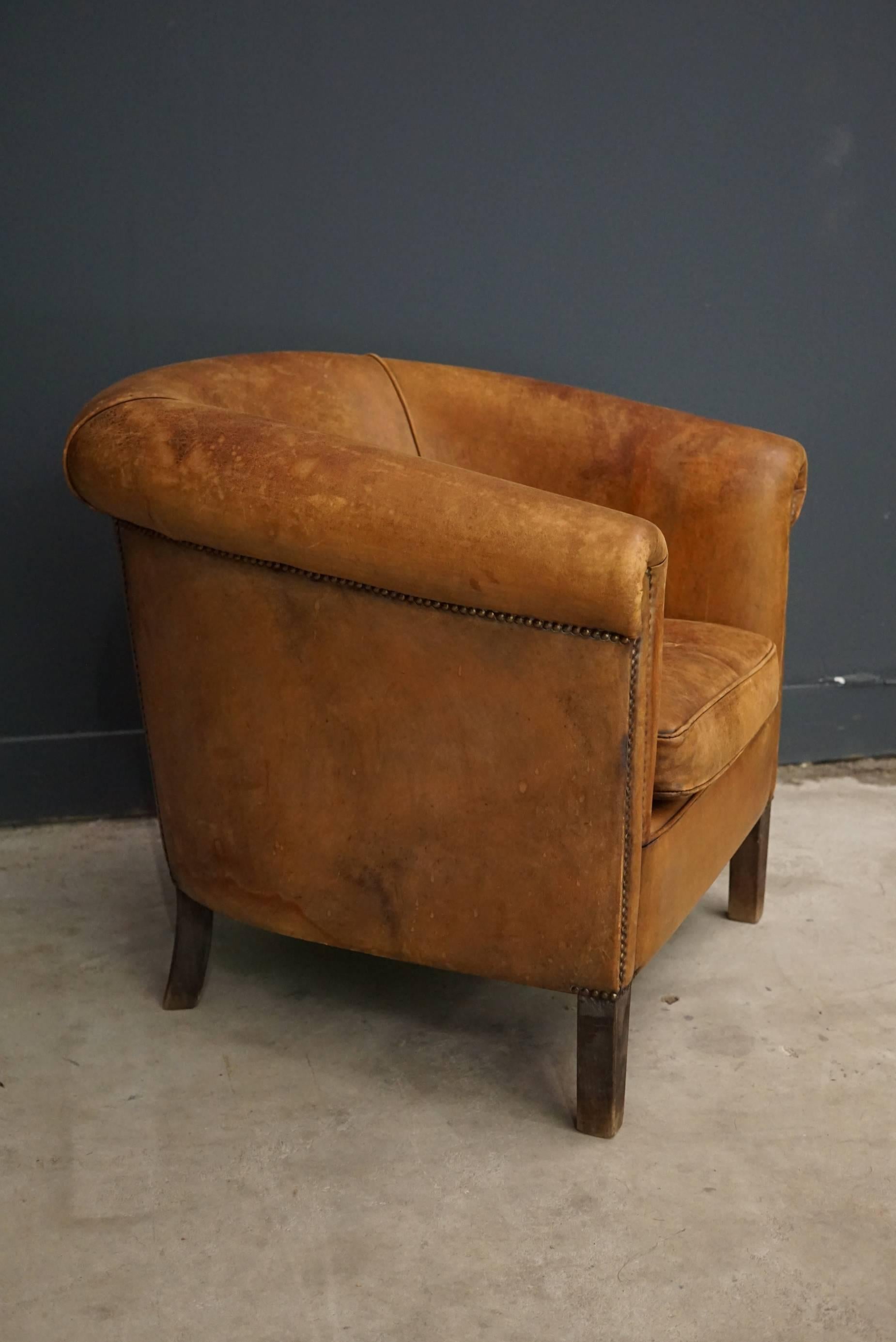 Vintage French Cognac Leather Club Chair In Good Condition In Nijmegen, NL