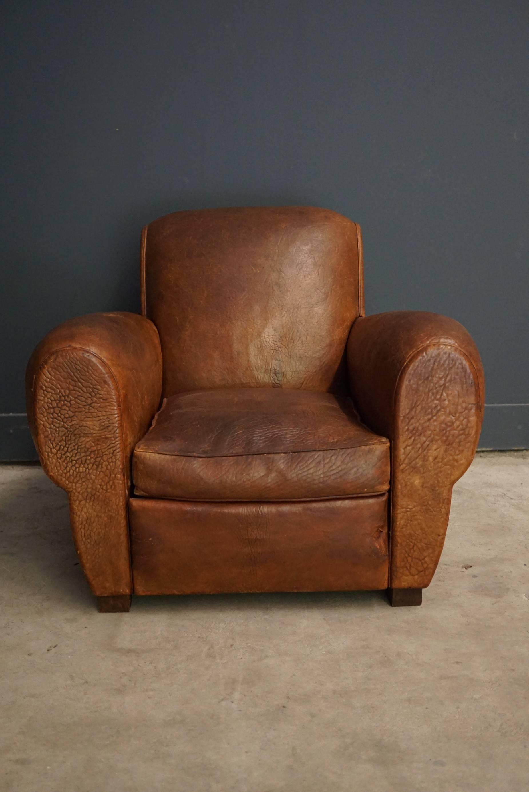 Industrial French Cognac Leather Club Chair, 1940s