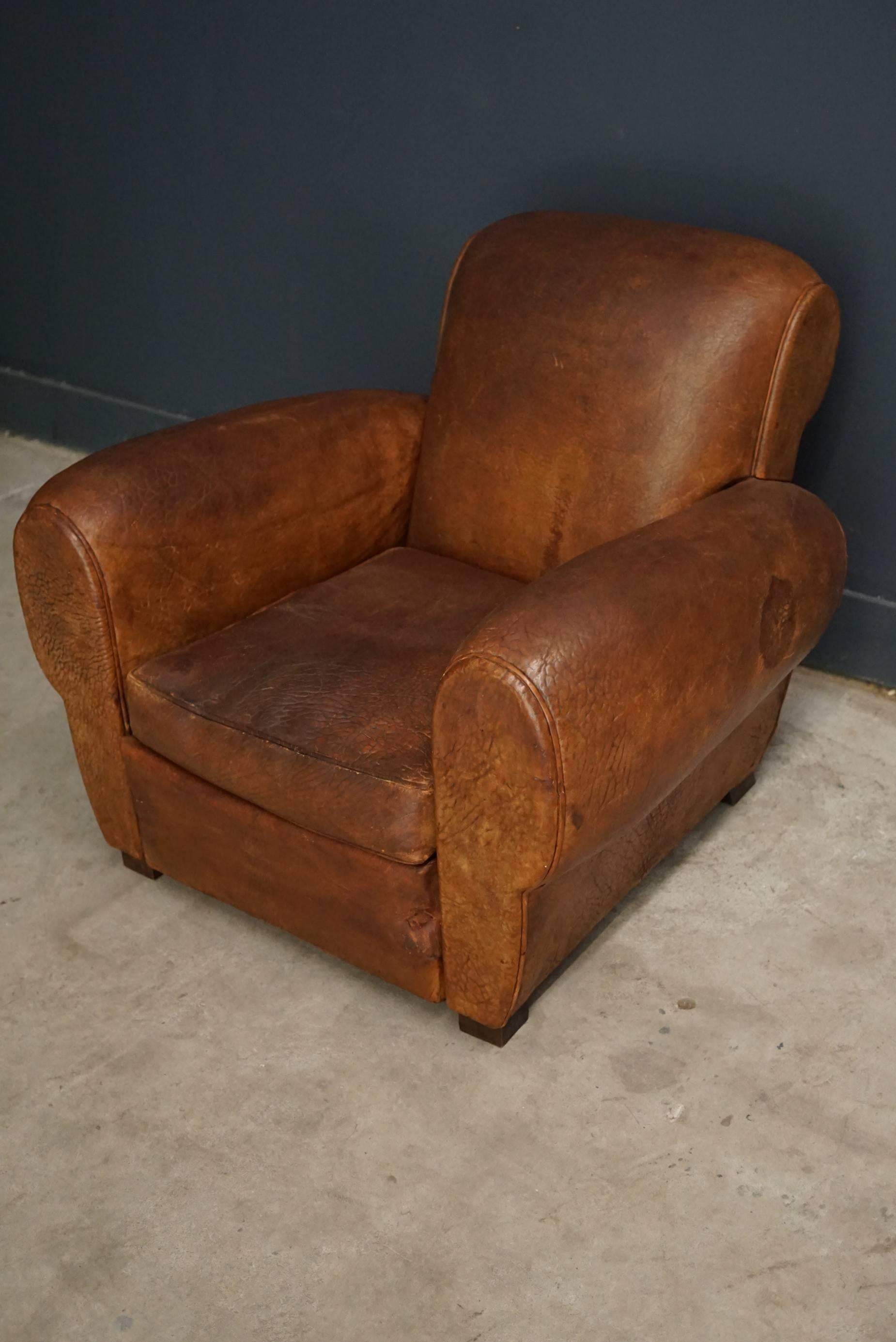 French Cognac Leather Club Chair, 1940s In Good Condition In Nijmegen, NL