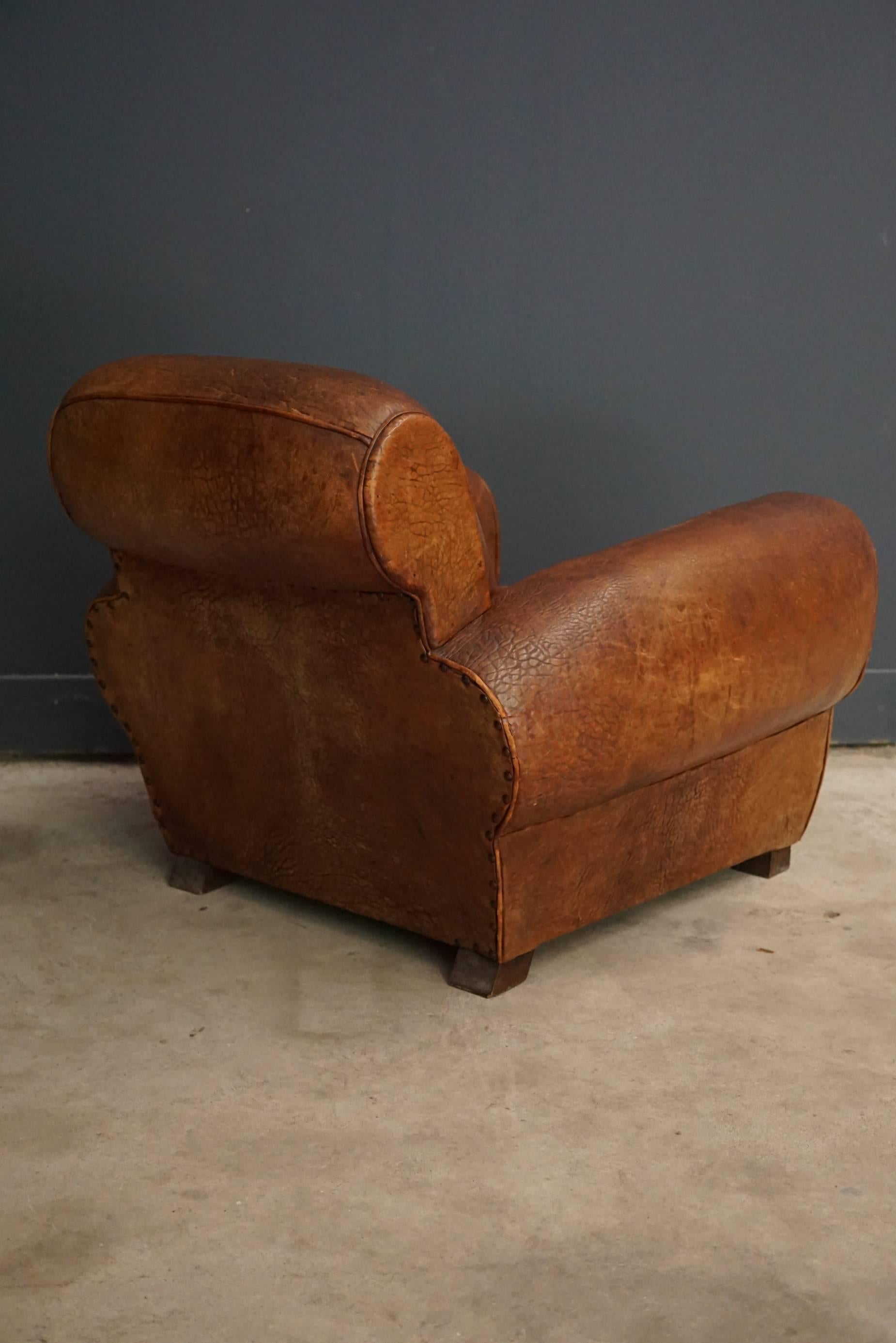 Mid-20th Century French Cognac Leather Club Chair, 1940s