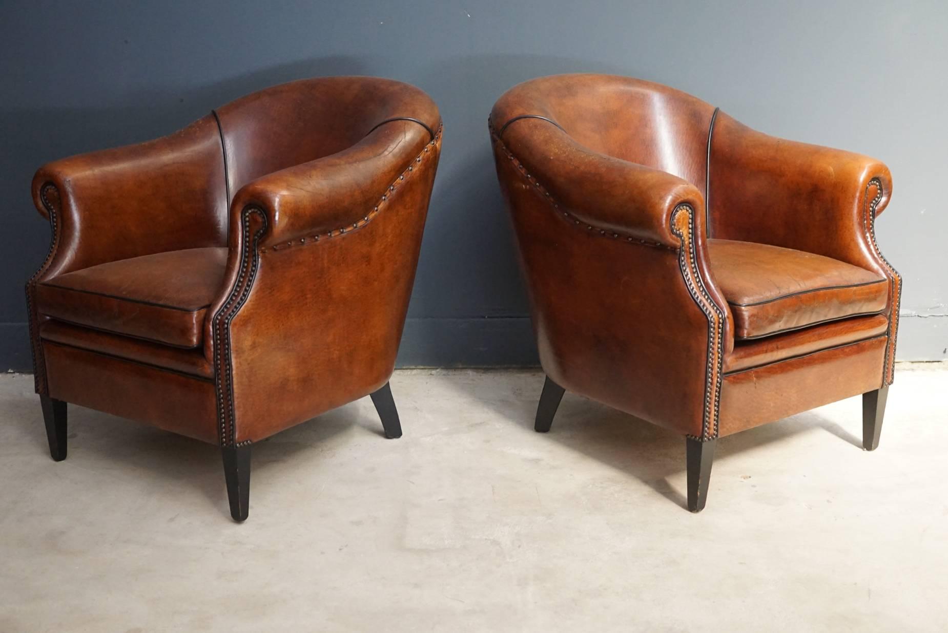 20th Century Pair of Vintage Cognac Leather Club Chairs