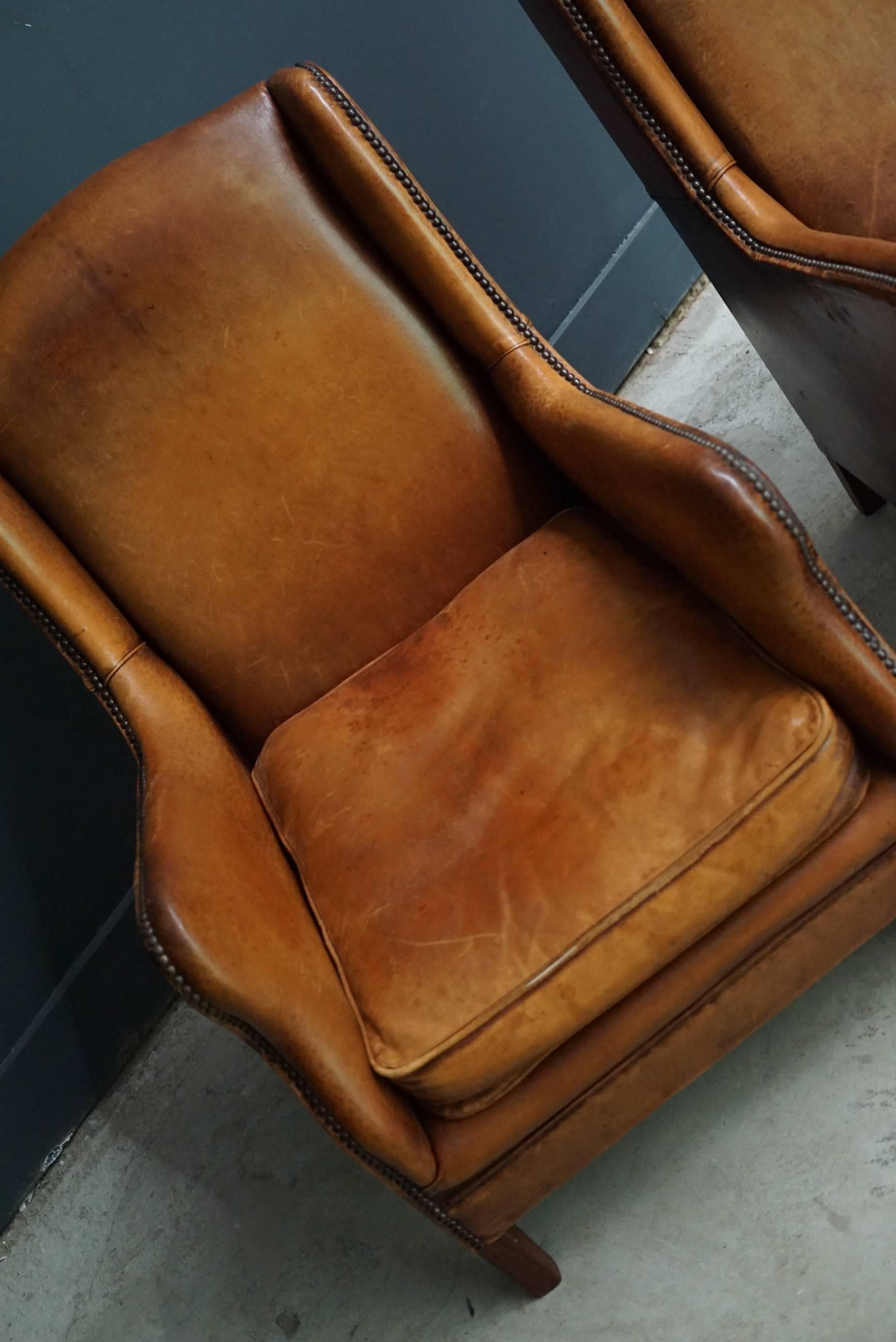 Industrial Pair of Vintage Cognac Leather Club Chairs
