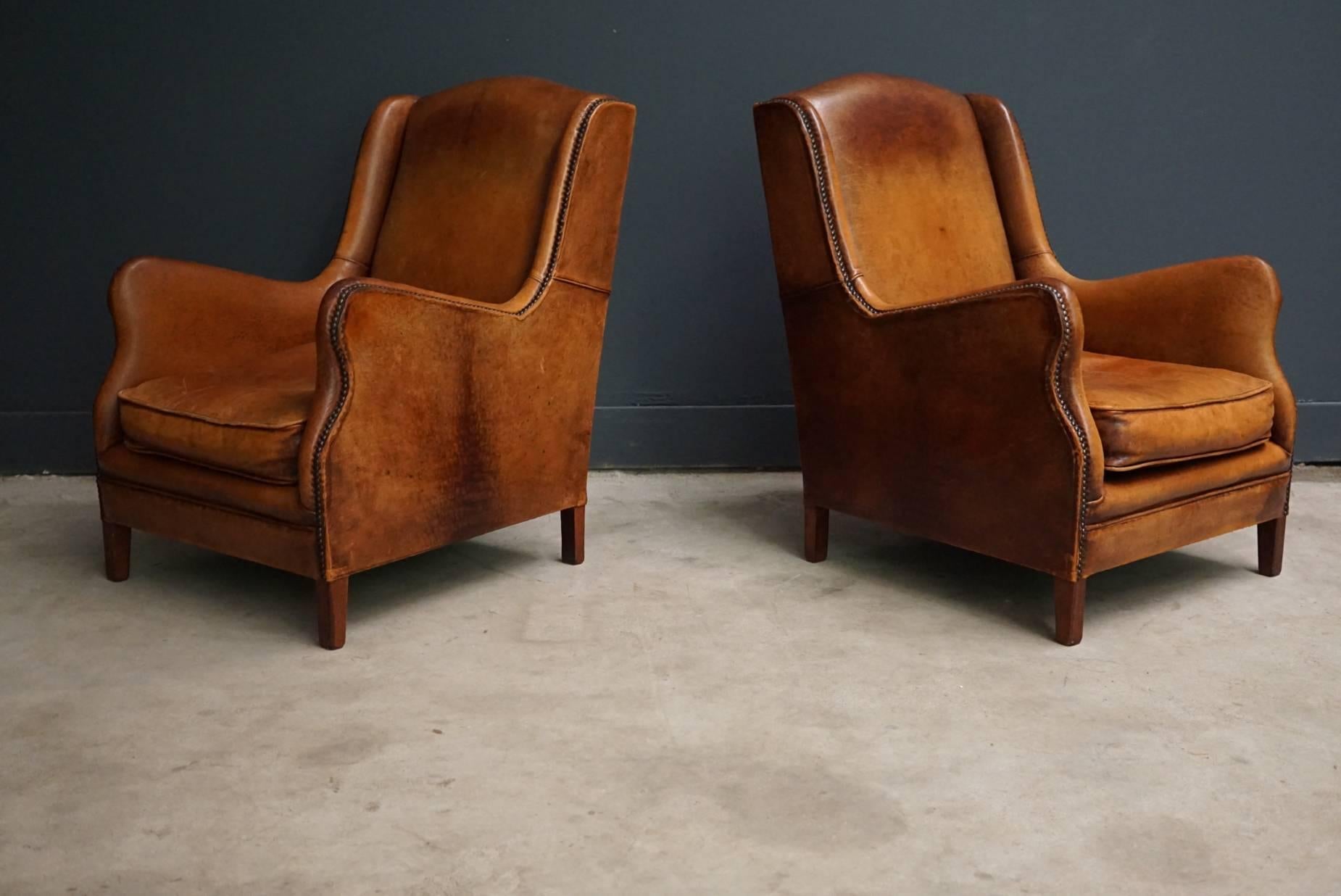 Pair of Vintage Cognac Leather Club Chairs In Good Condition In Nijmegen, NL