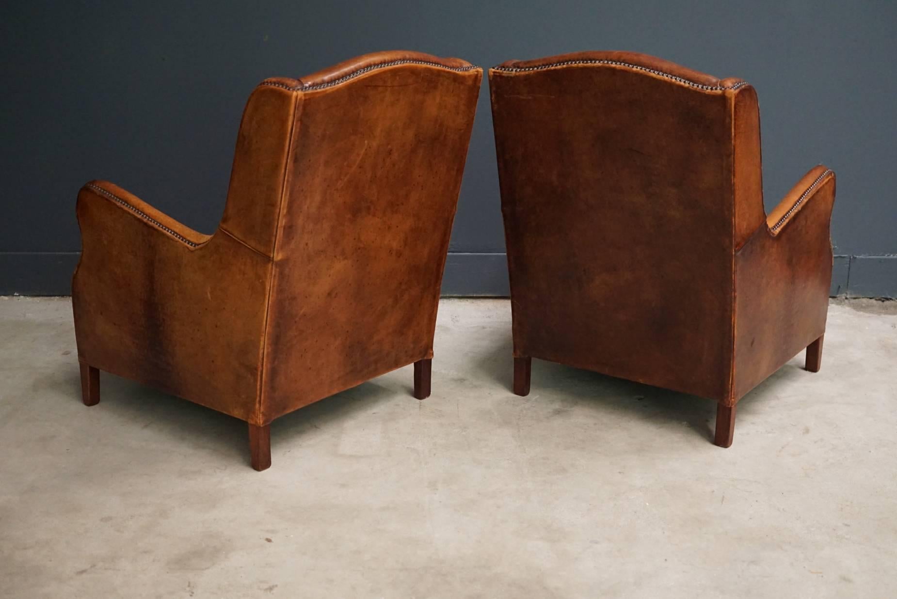 Pair of Vintage Cognac Leather Club Chairs 1