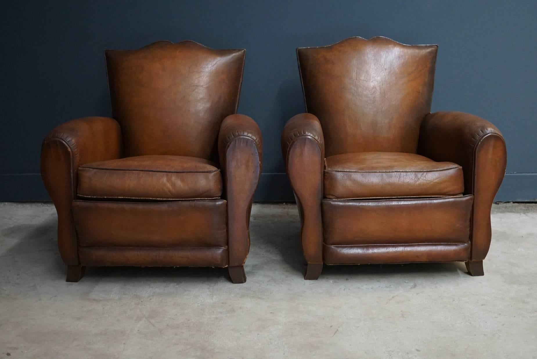 Pair of French Cognac Moustache Back Leather Club Chairs, 1940s In Good Condition In Nijmegen, NL