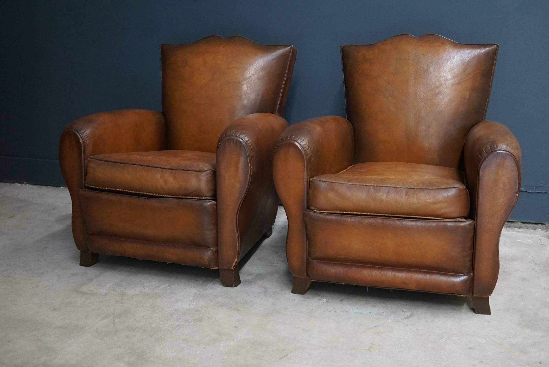 20th Century Pair of French Cognac Moustache Back Leather Club Chairs, 1940s