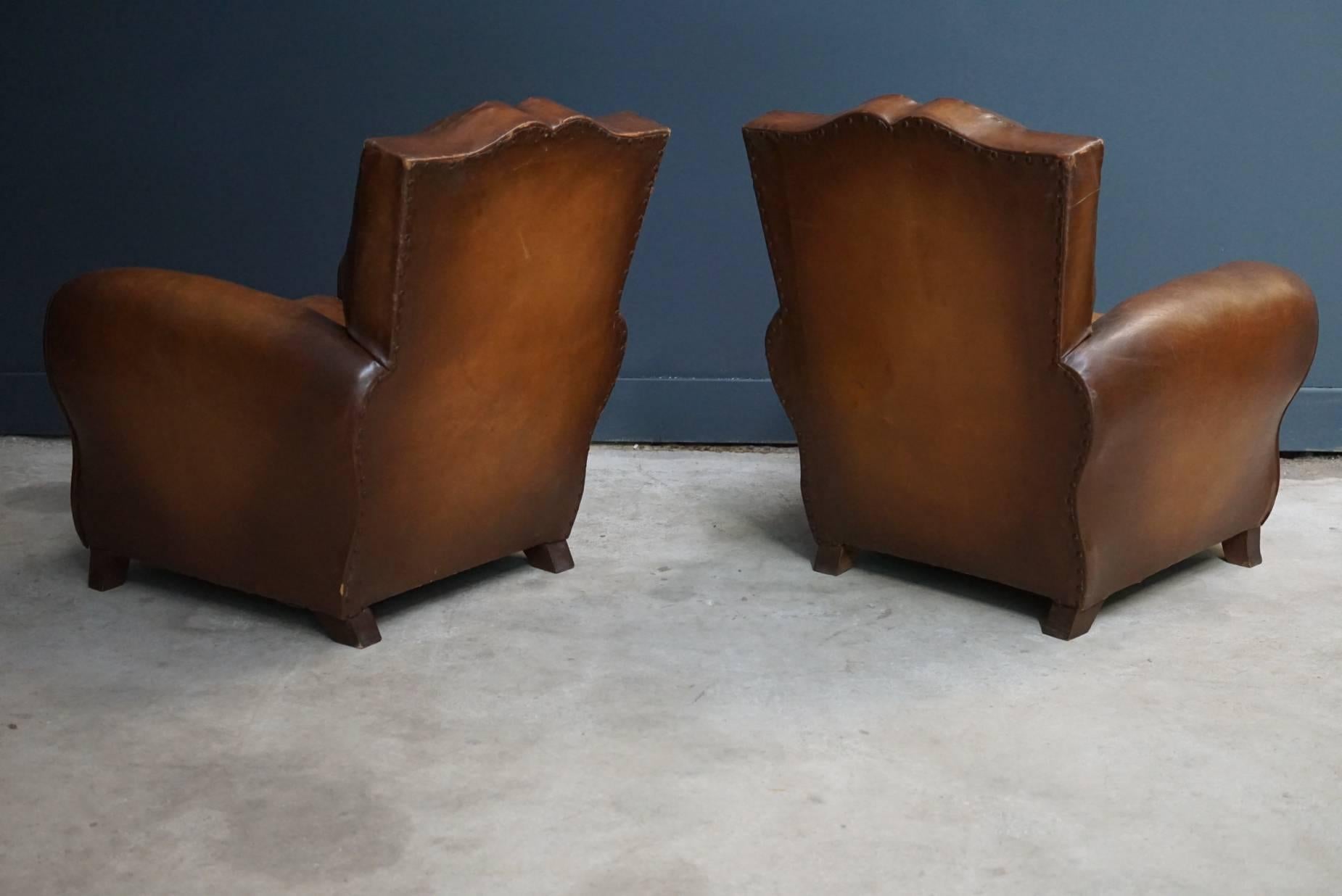 Pair of French Cognac Moustache Back Leather Club Chairs, 1940s 2