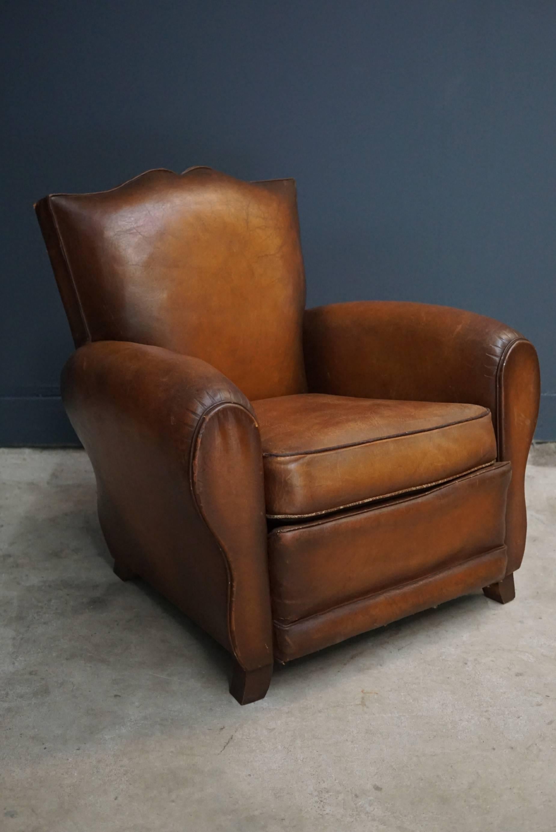 Pair of French Cognac Moustache Back Leather Club Chairs, 1940s 3