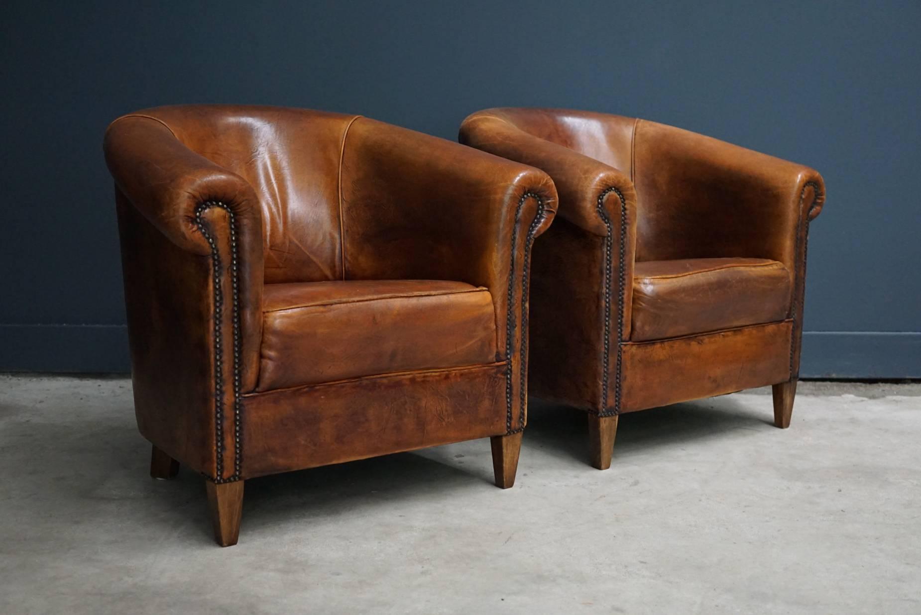 Vintage Dutch Cognac Leather Club Chairs, Set of Two In Good Condition In Nijmegen, NL