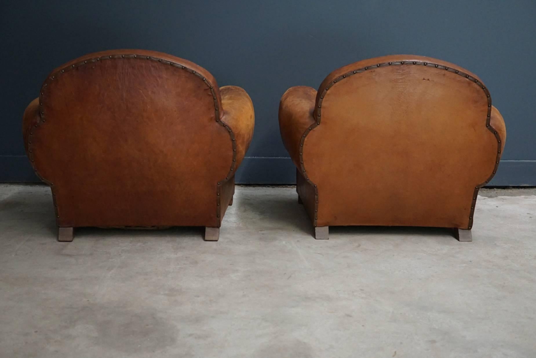 Vintage French Cognac Leather Club Chairs, Set of Two 2