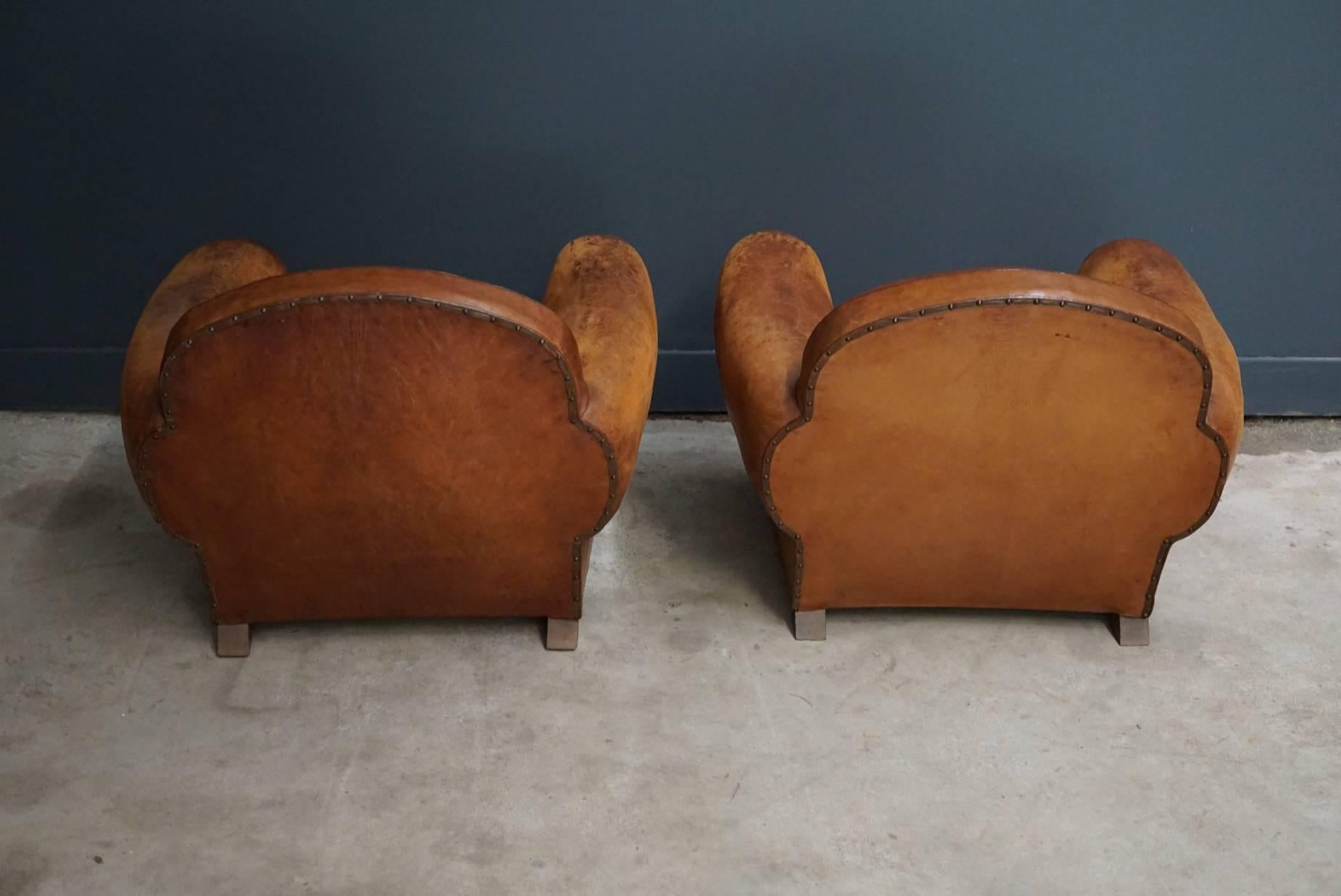 Vintage French Cognac Leather Club Chairs, Set of Two 5