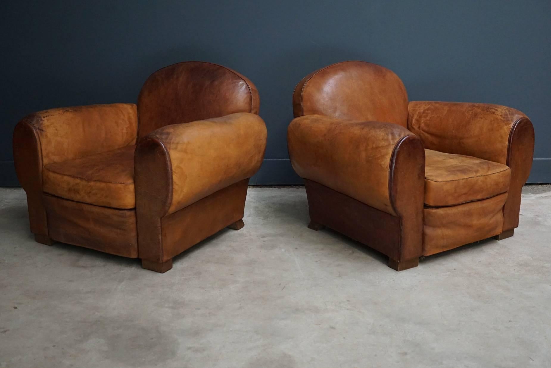 Mid-20th Century Vintage French Cognac Leather Club Chairs, Set of Two