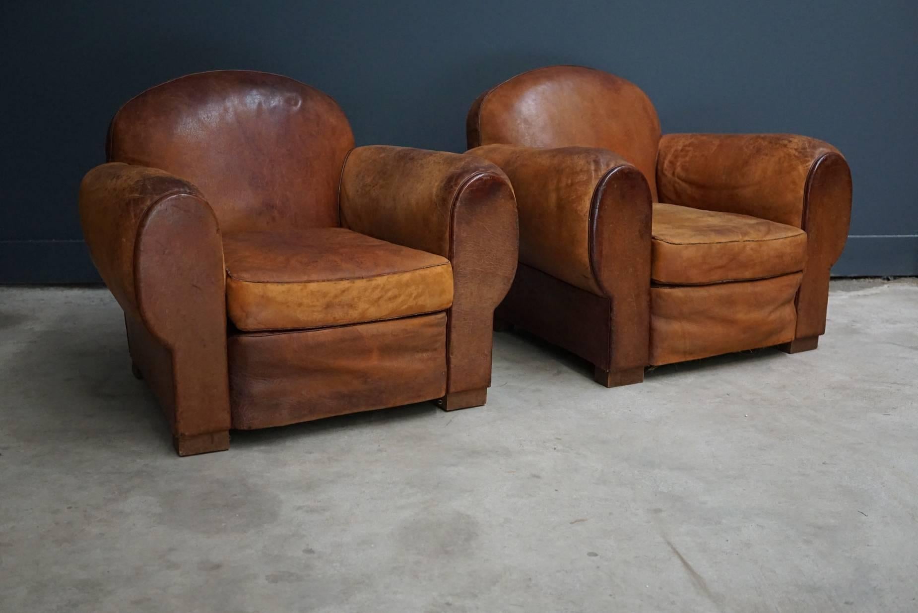 Vintage French Cognac Leather Club Chairs, Set of Two In Fair Condition In Nijmegen, NL