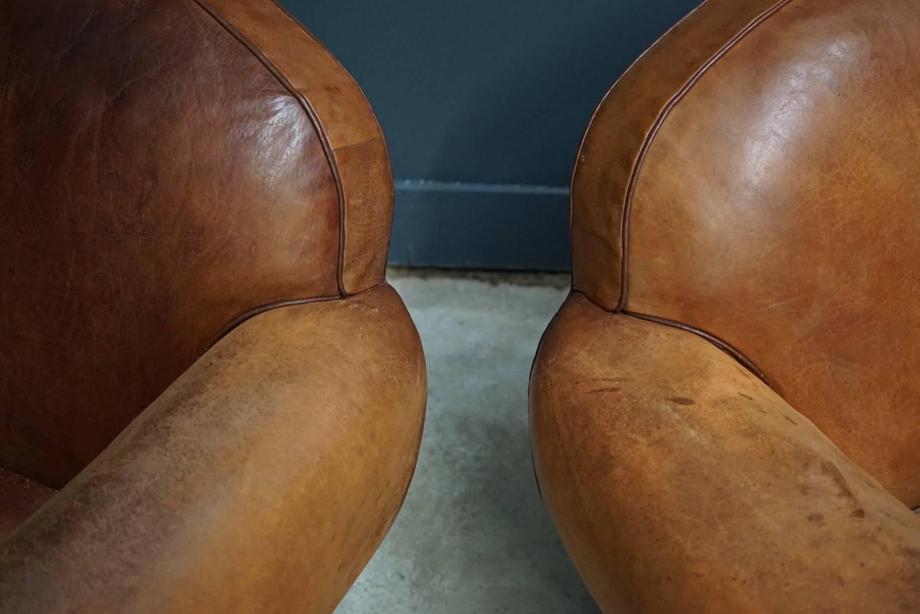 Vintage French Cognac Leather Club Chairs, Set of Two 1