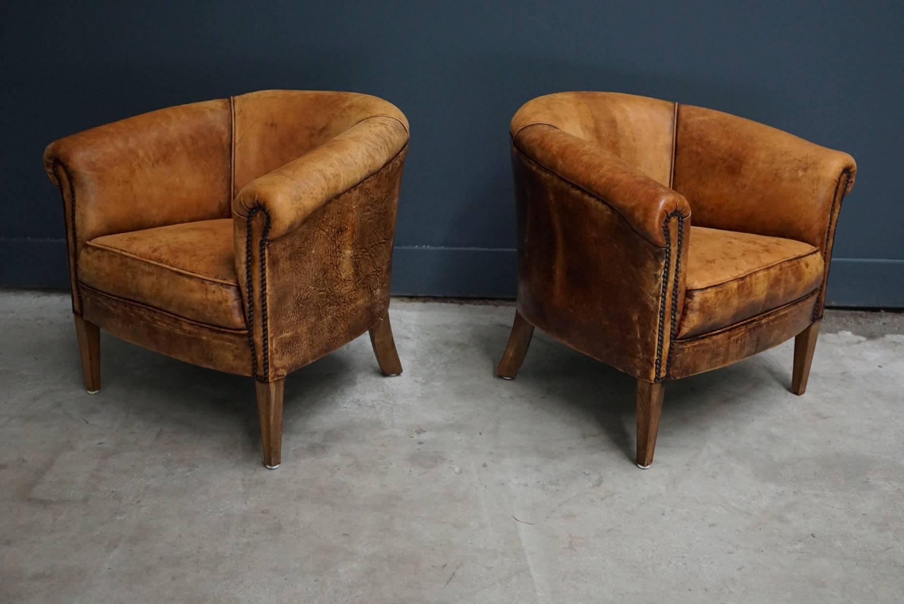 20th Century Vintage Dutch Cognac Leather Club Chairs, Set of Two